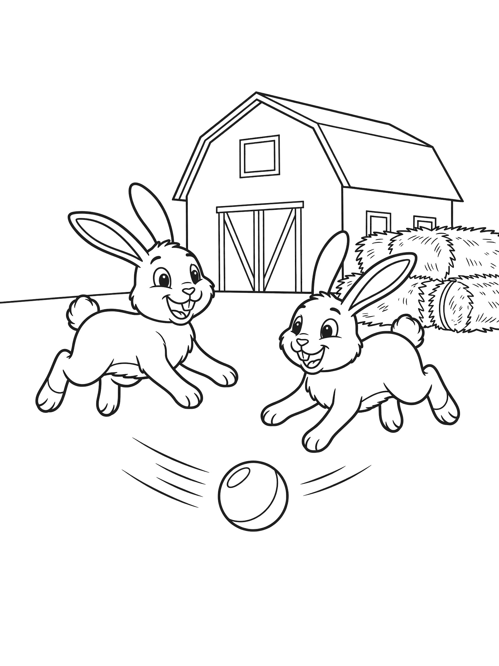 Black and white line art coloring page showing two rabbits running after a ball in front of a barn with hay bales