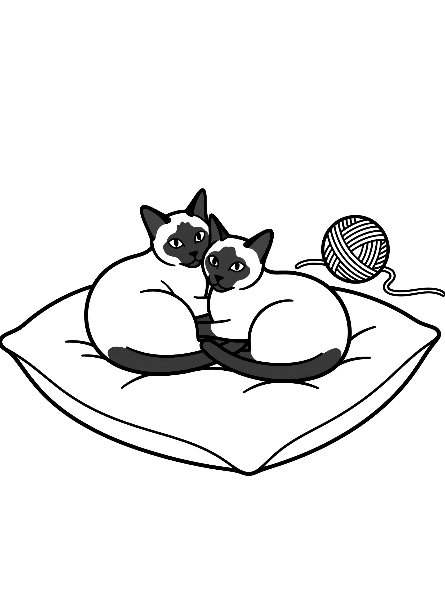 Black and white line art coloring page showing two Siamese cats with dark faces and ears cuddling together on a pillow with a ball of yarn nearby.