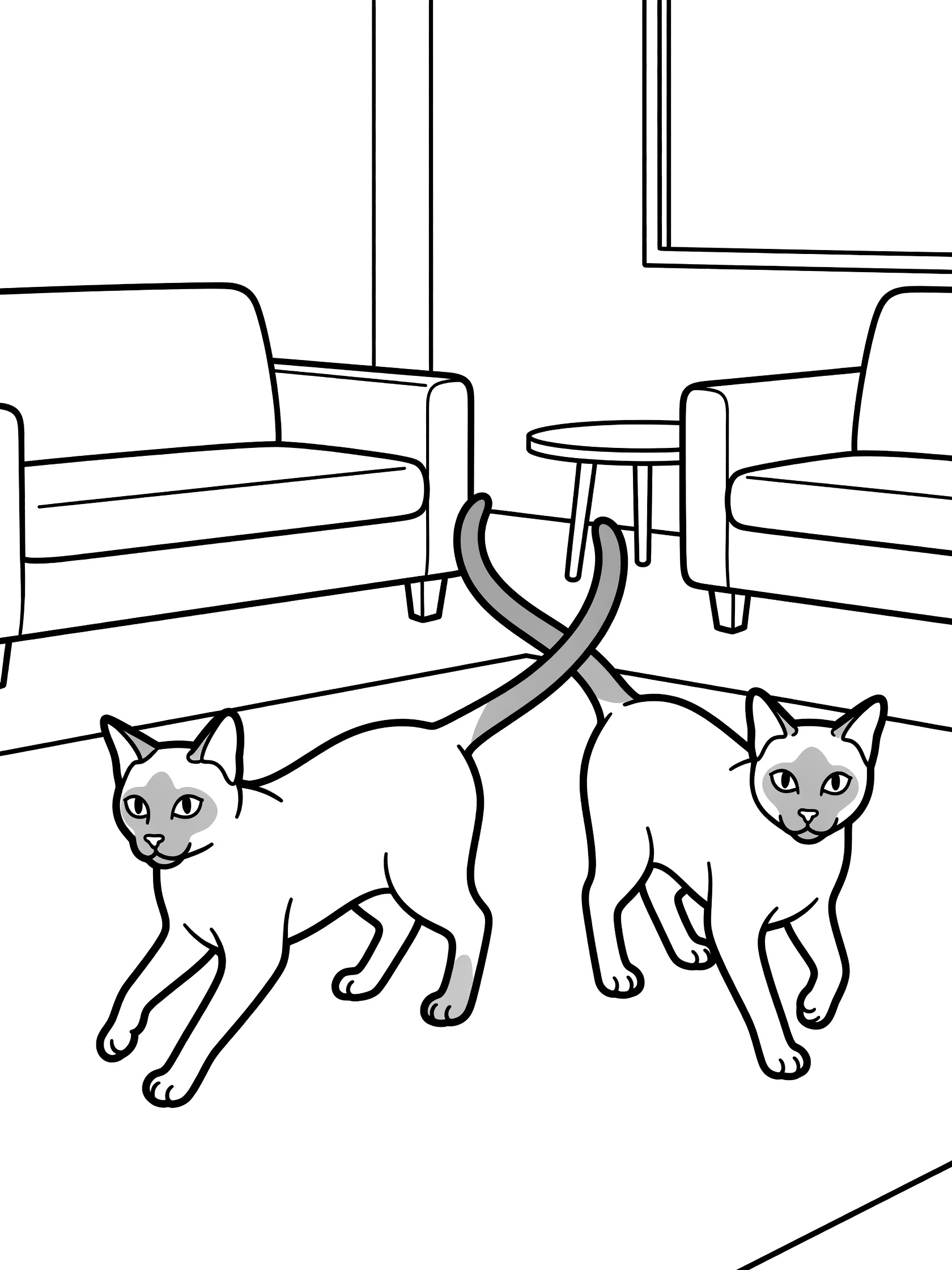Printable coloring page showing two Siamese cats facing each other with tails touching, simple room with couches and table outlines.