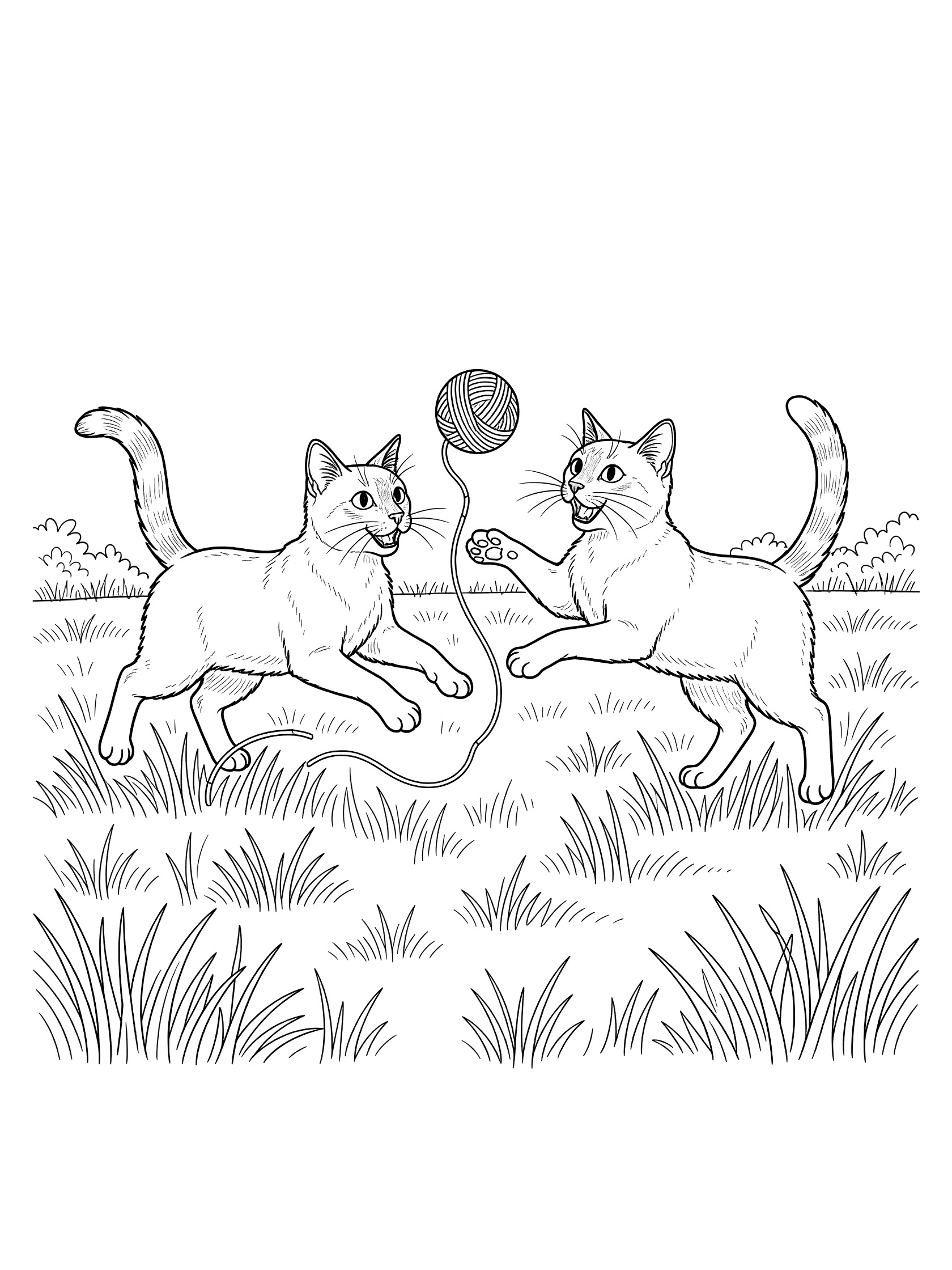 Black and white line art of two Siamese cats jumping and playing with a yarn ball across grass, printable coloring page