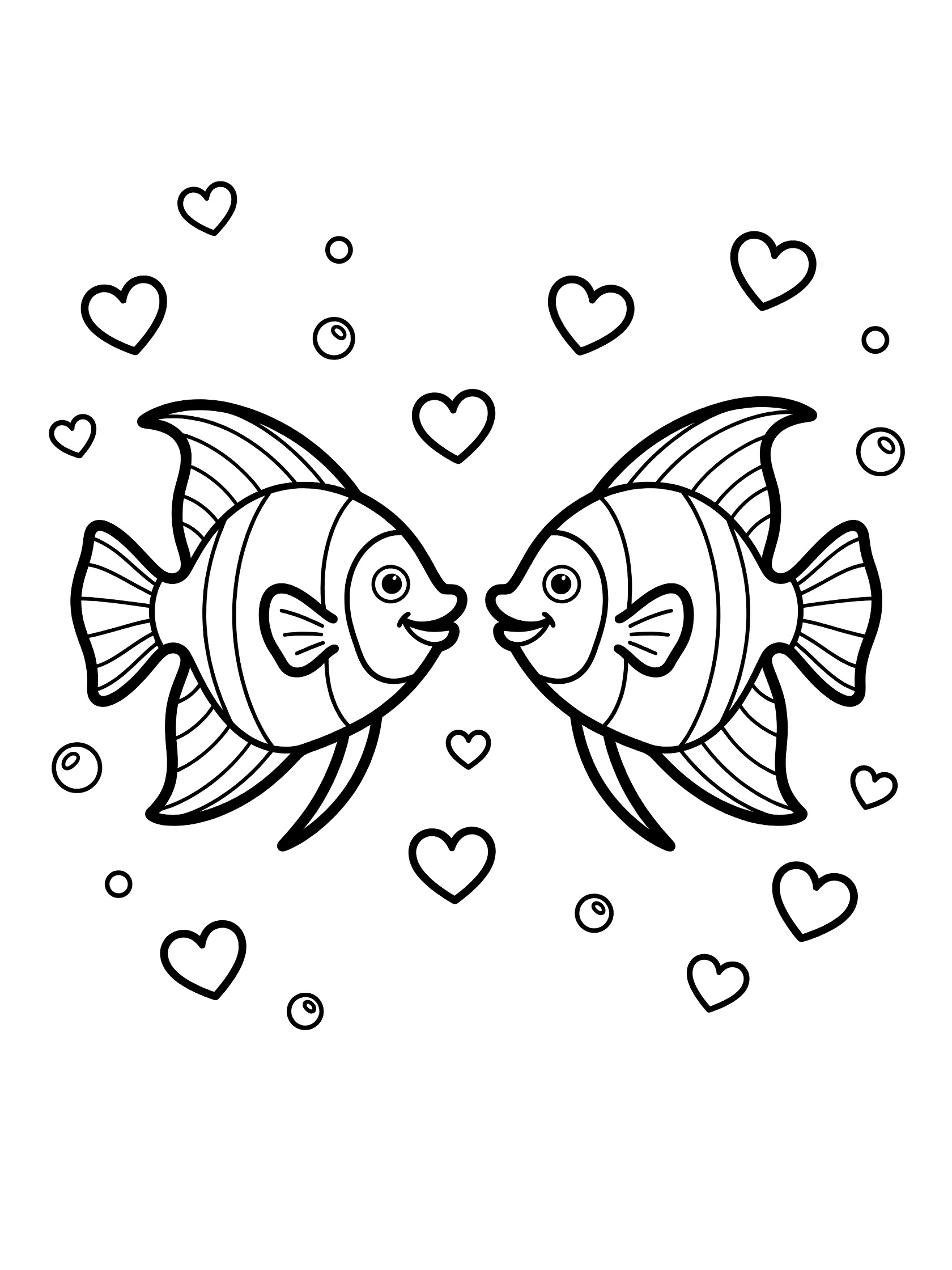 Black and white line art coloring page showing two smiling angelfish swimming face to face surrounded by hearts and bubbles.