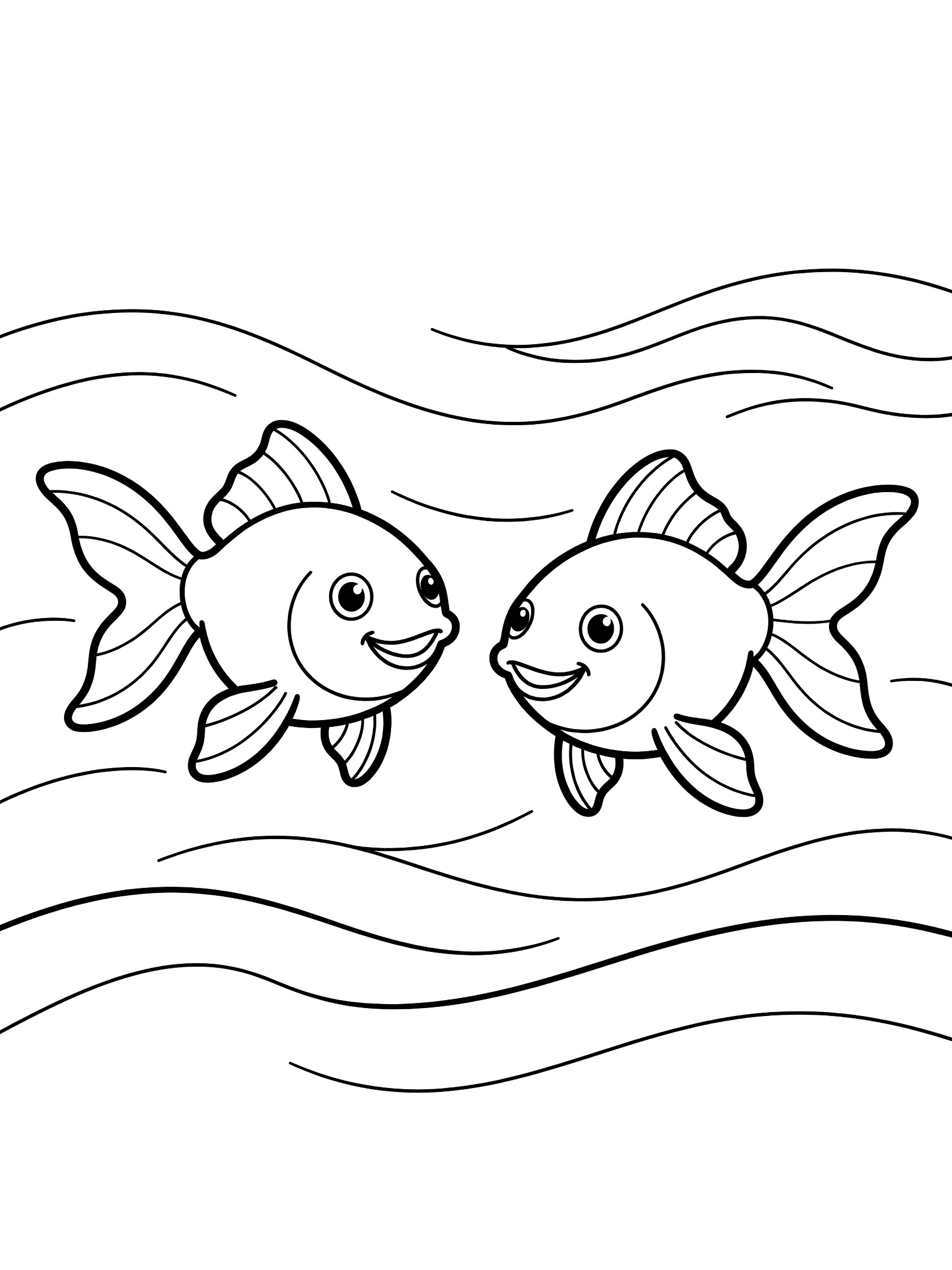 Black and white line art coloring page of two happy smiling fish with big eyes and wiggly fins swimming together in wavy water lines.