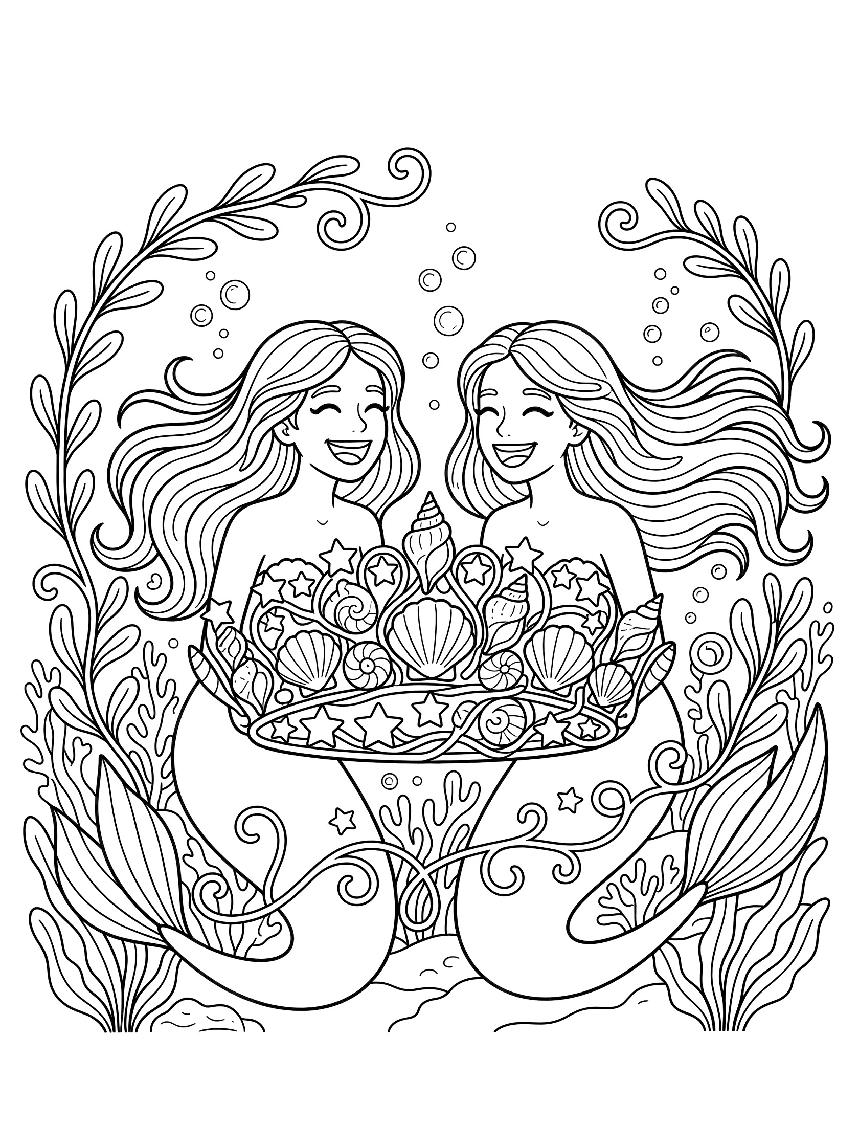 Two happy mermaids sharing a large mermaid crown made of intertwined seashells and stars, connected by doodle seaweed, in clean line art coloring page.