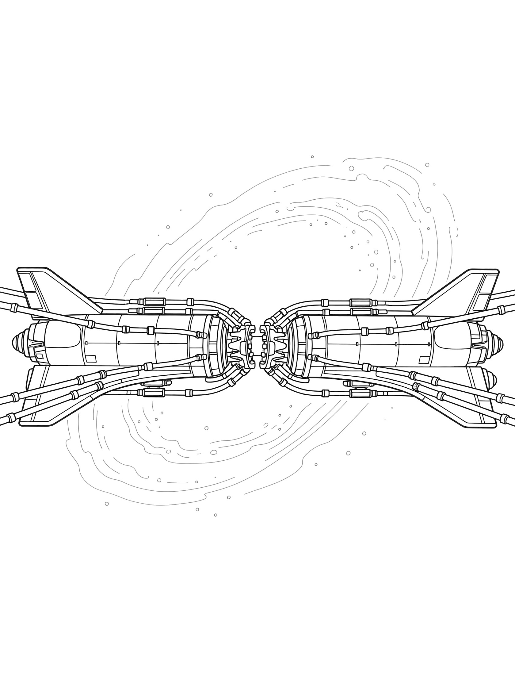 Line art coloring page showing two space shuttles connected side-by-side at a shared docking port with interlocking parts and energy tubes, nebula in the background.