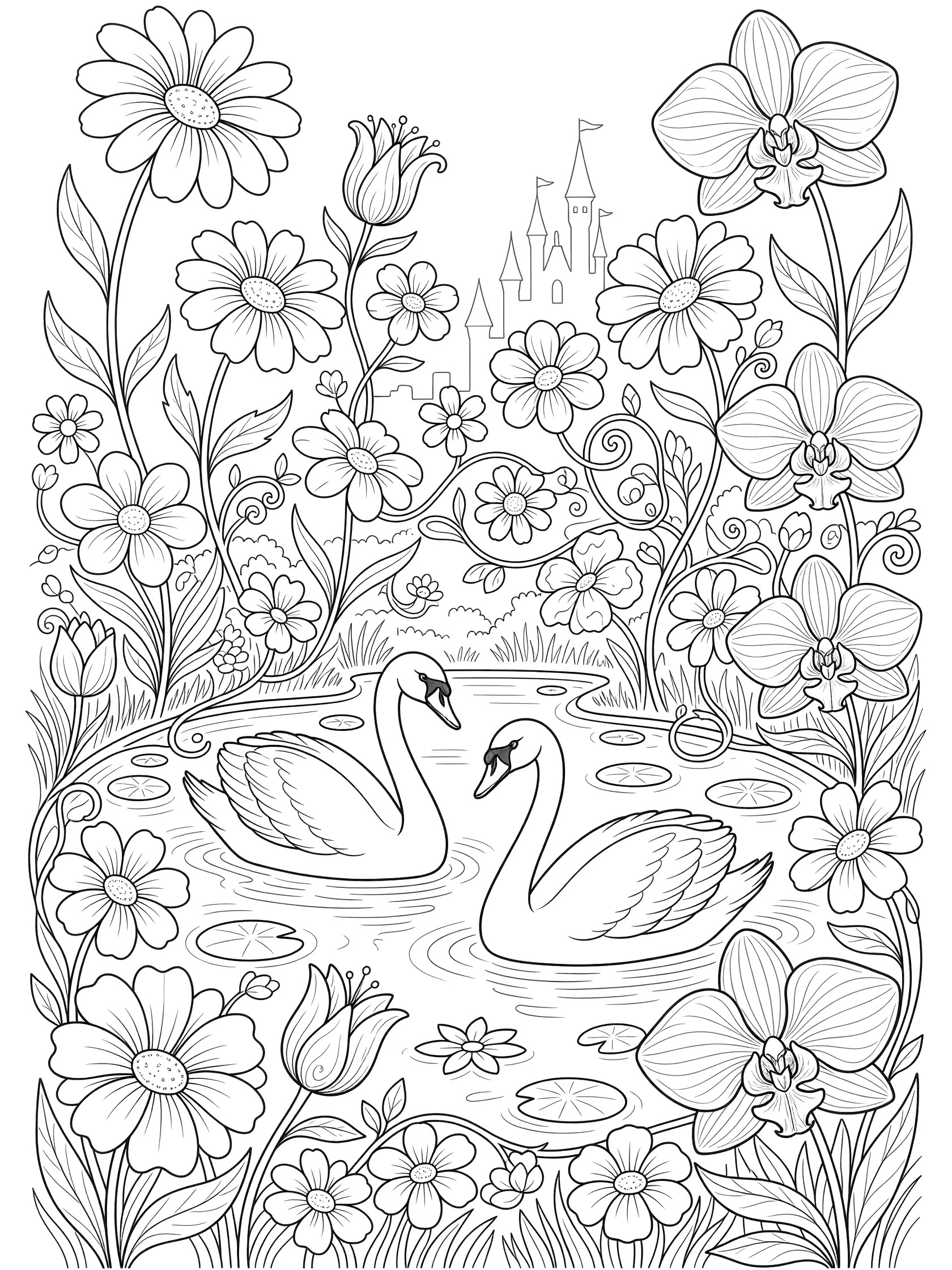 Black and white line art of two swans in a pond with large flowers, vines, and a castle in the background, perfect for coloring.