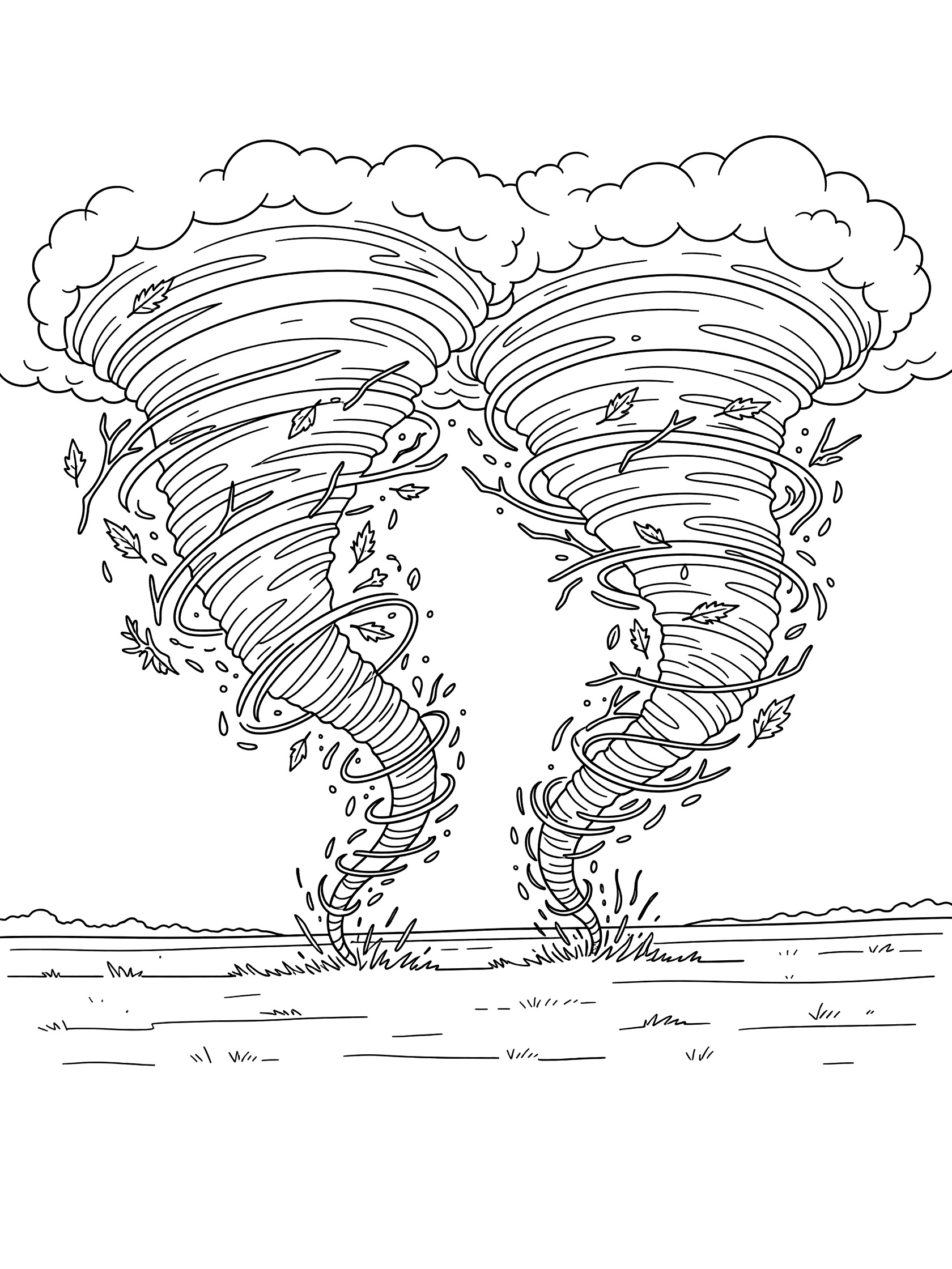 Black and white line art of two funnel-shaped tornadoes twirling side by side over a flat field, with swirling clouds above and debris like leaves and twigs spinning between them.