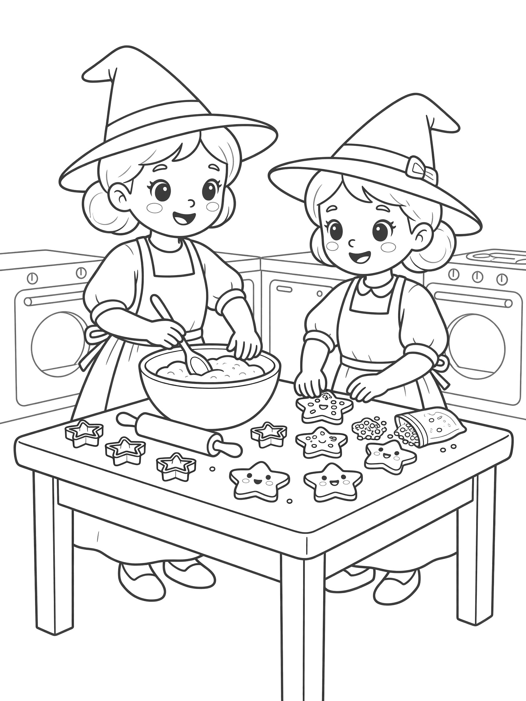 Black and white line art coloring page showing two witch girls with pointy hats and aprons baking star-shaped cookies on a table with ovens and rolling pins nearby. Friendly Witches themed black and white printable line art