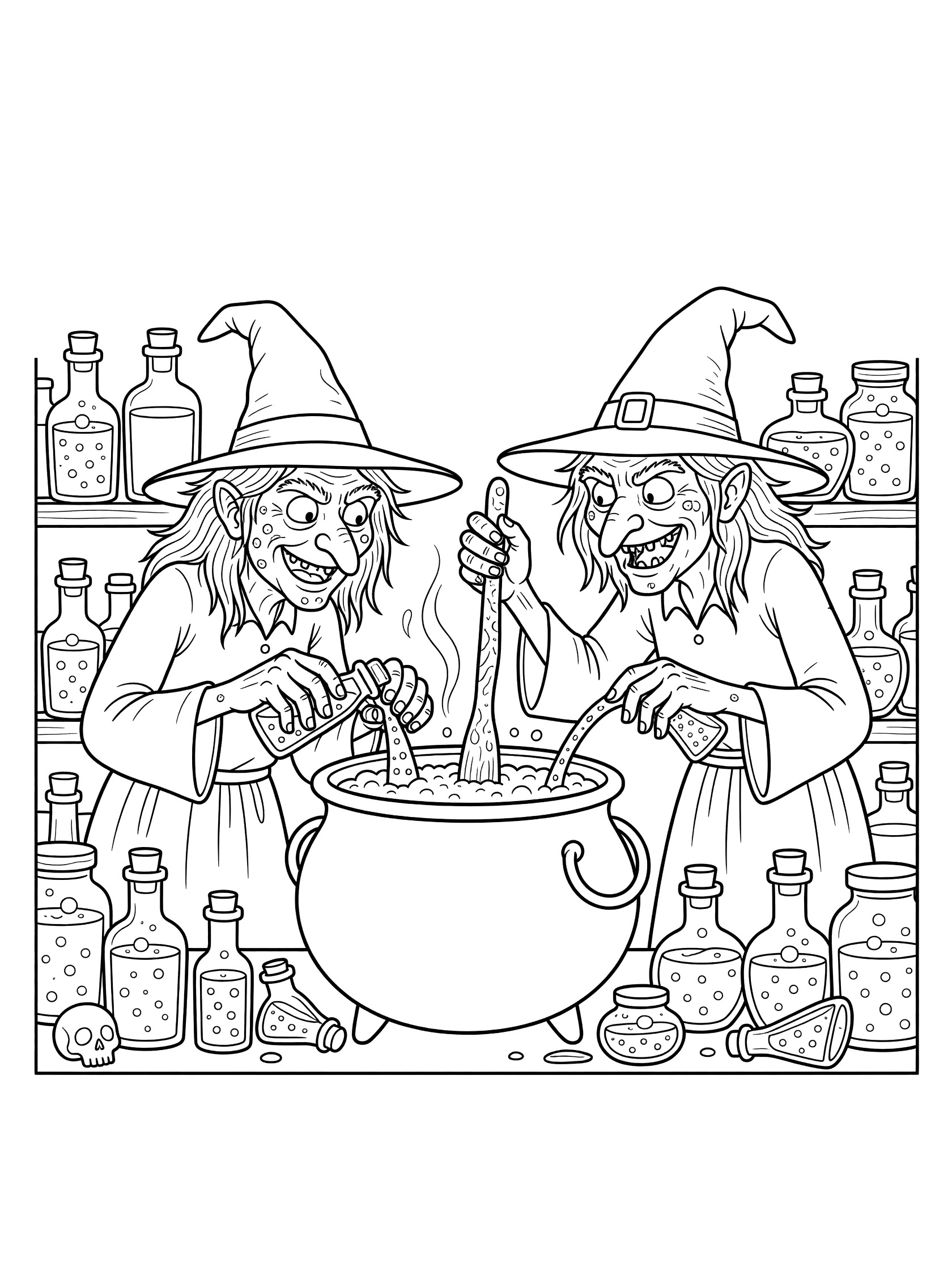 Black and white line art coloring page showing two witches with pointy hats stirring and pouring into a bubbling cauldron surrounded by shelves of jars and bottles. Ugly Witches themed black and white printable line art