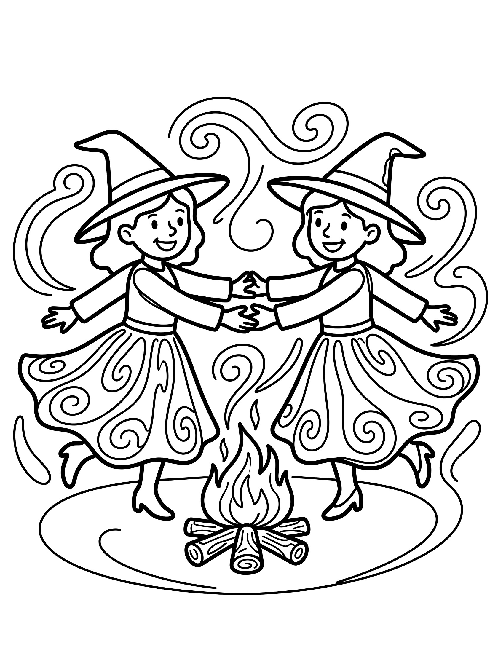 Black and white line art coloring page showing two smiling witches in dresses and hats dancing in a circle around a campfire with swirling skirt patterns and logs.