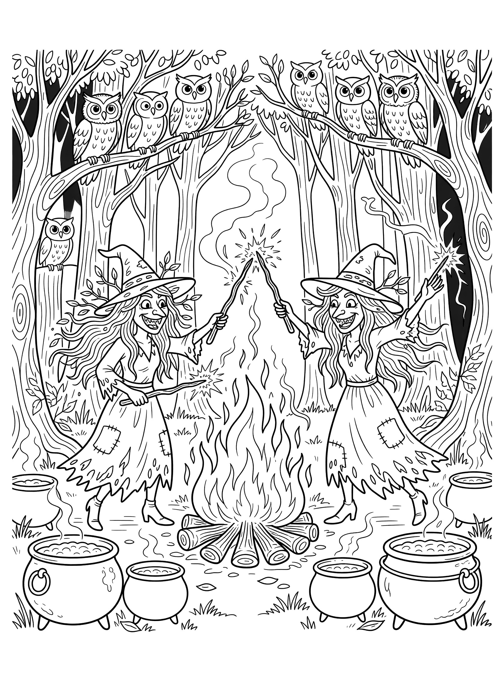 Black and white line art coloring page showing two witches with hats and wands dancing near a bonfire, owls in trees, cauldrons by the fire in a forest. Evil Witches themed black and white printable line art