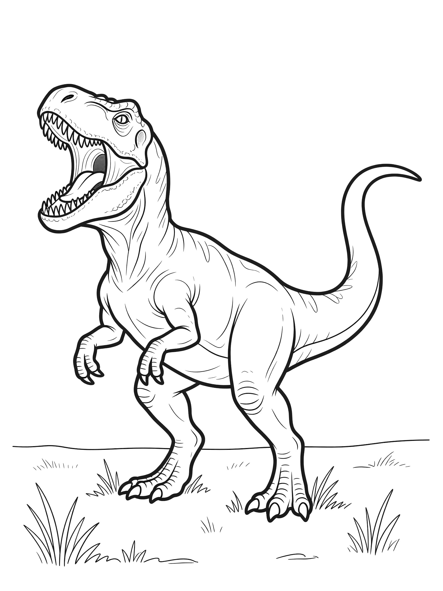 Black and white line art of a Tyrannosaurus Rex dinosaur rearing up on hind legs, mouth open roaring with sharp teeth, arched tail, tiny arms, standing on plain with grass. Gorgosaurus themed black and white printable line art