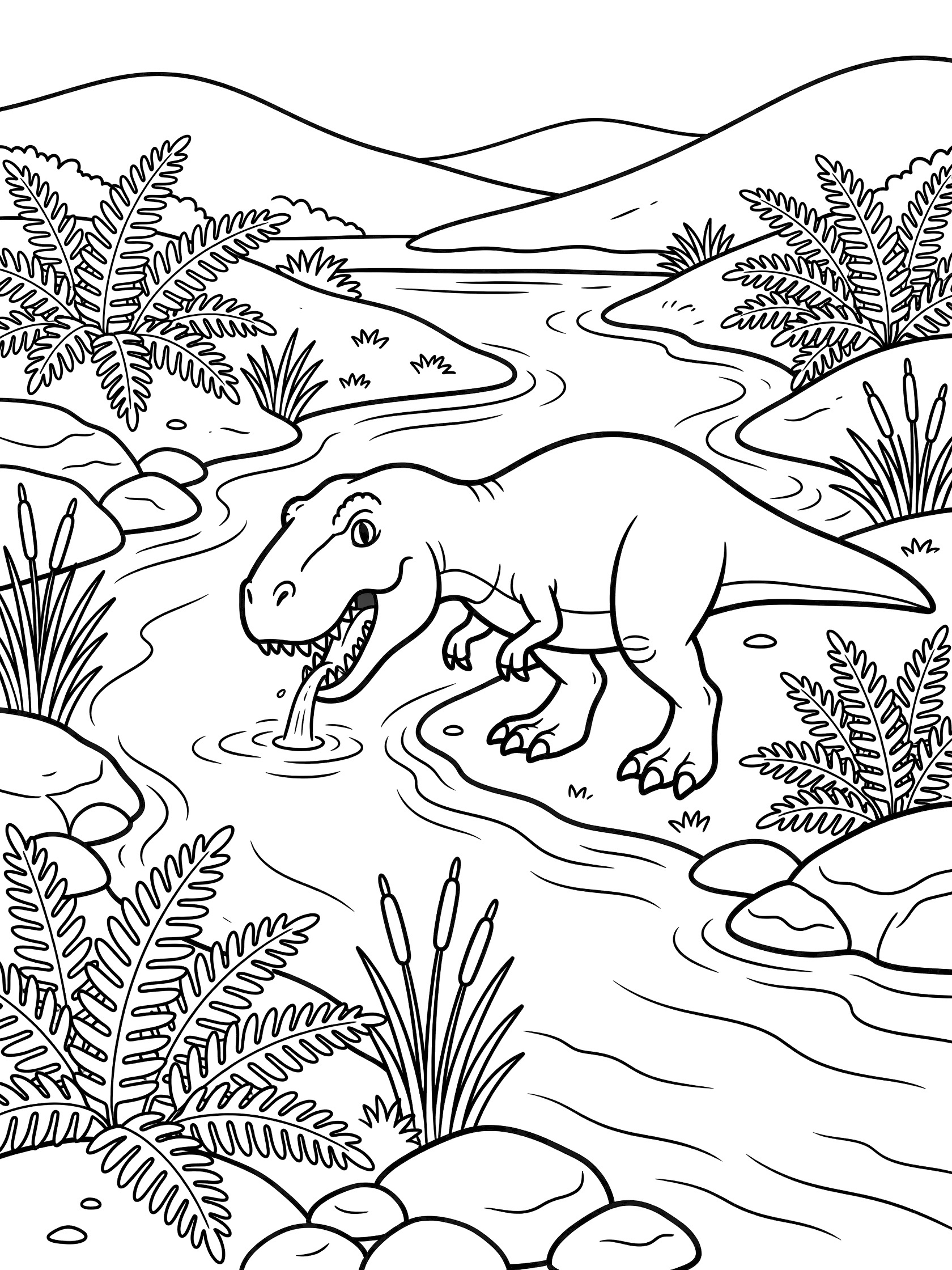 Line art coloring page showing Tyrannosaurus Rex drinking water from a river surrounded by ferns, reeds, rocks, and distant hills.