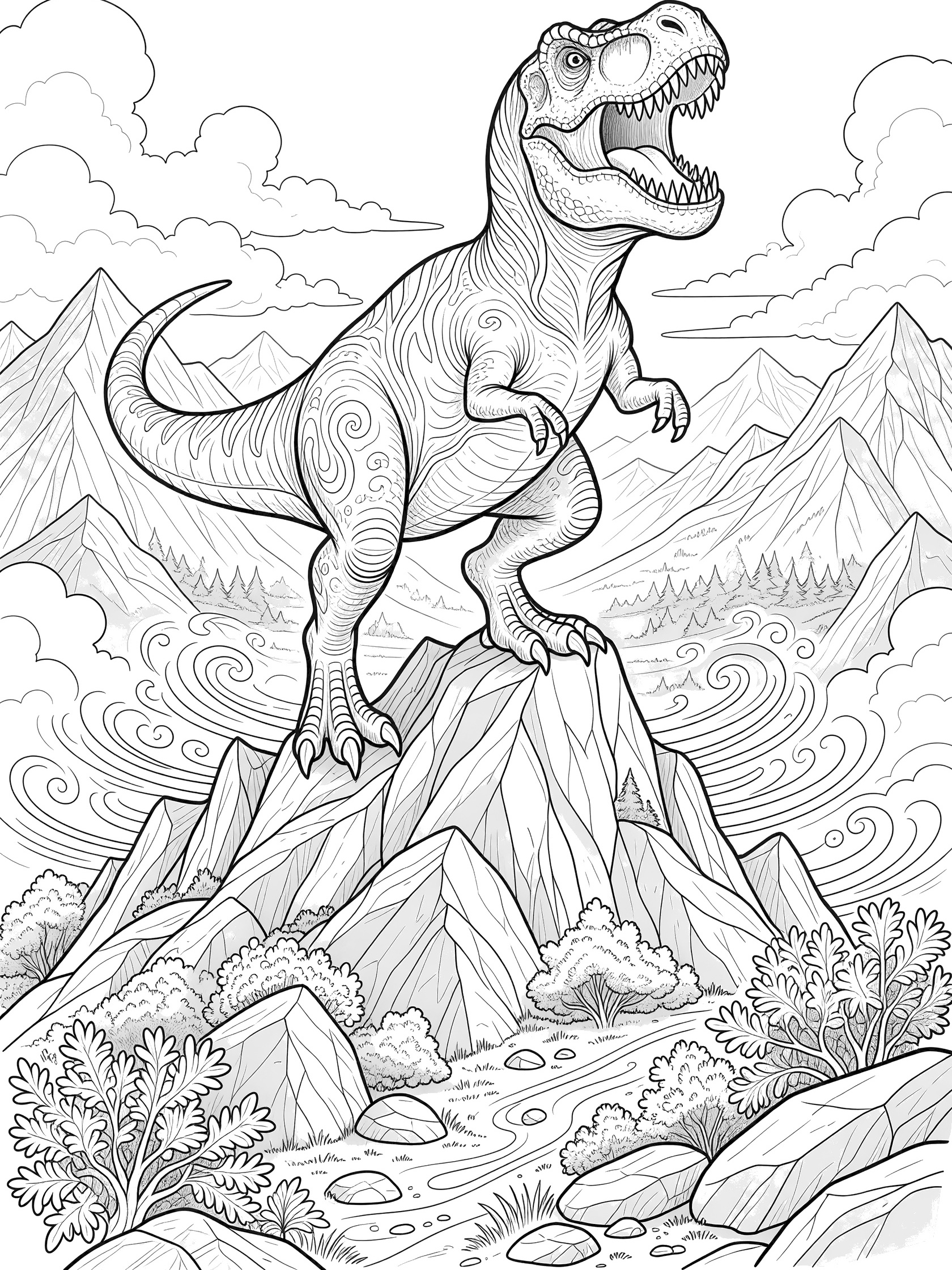 Line art coloring page showing a massive Tyrannosaurus Rex rearing up on a rocky mountain peak with open mouth roar, swirling scales, sharp teeth, and mountain background.