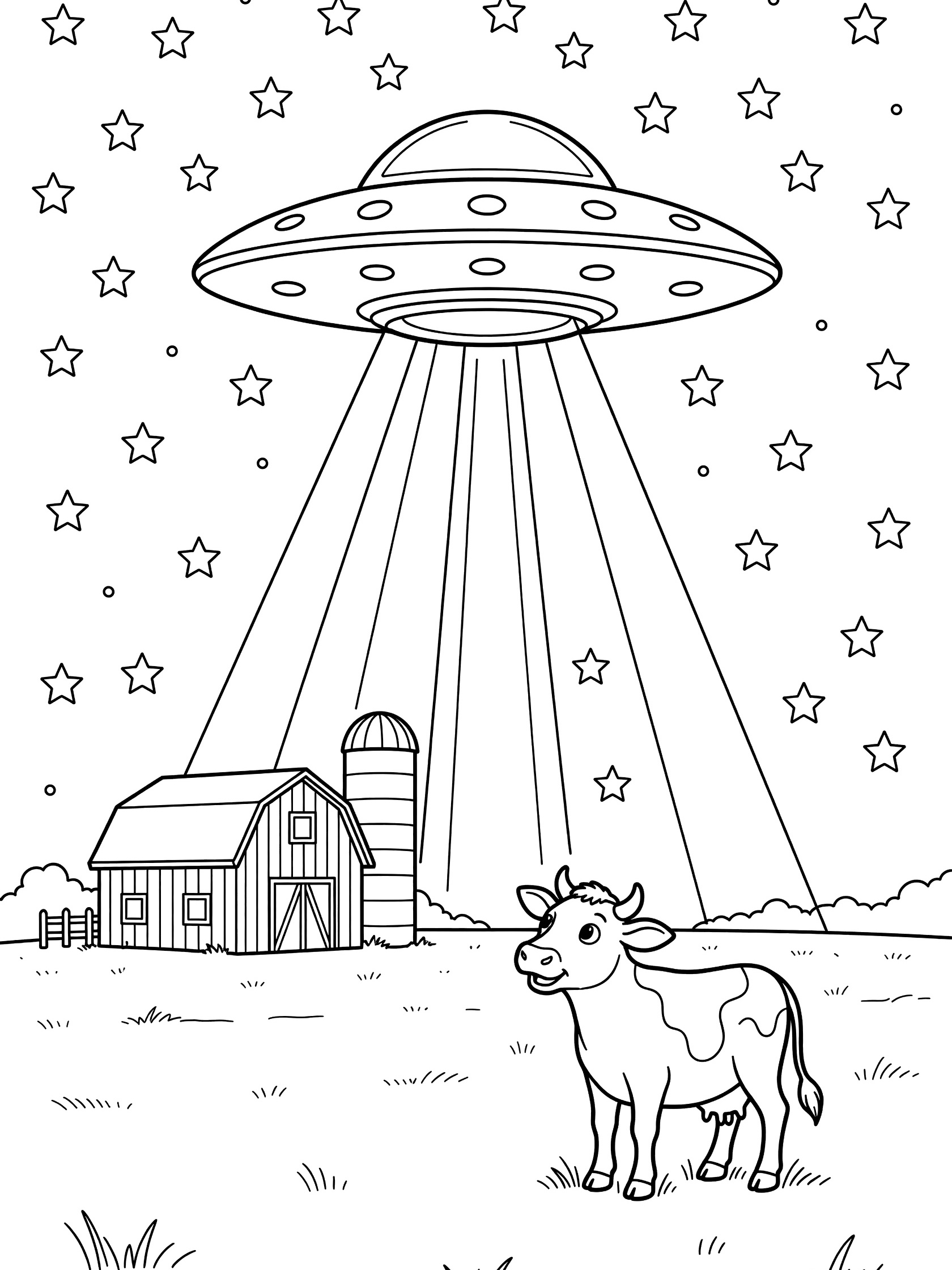 Black-and-white coloring page of a UFO beaming light down on a farm barn, silo, and cow under a starry night sky.