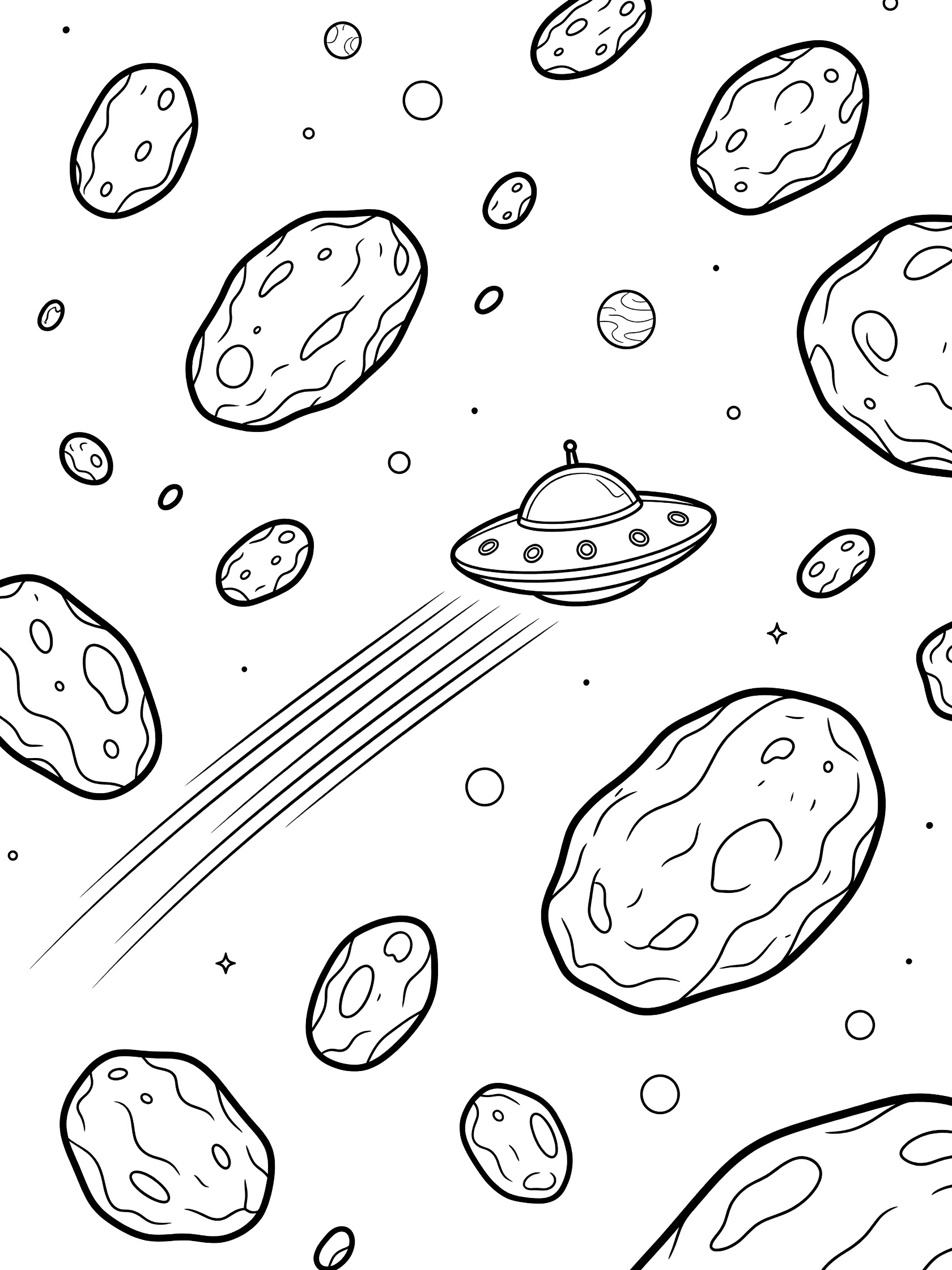Black and white line art of a round UFO with lights trailing as it dodges large rocky asteroids in a starry space field with distant planets.
