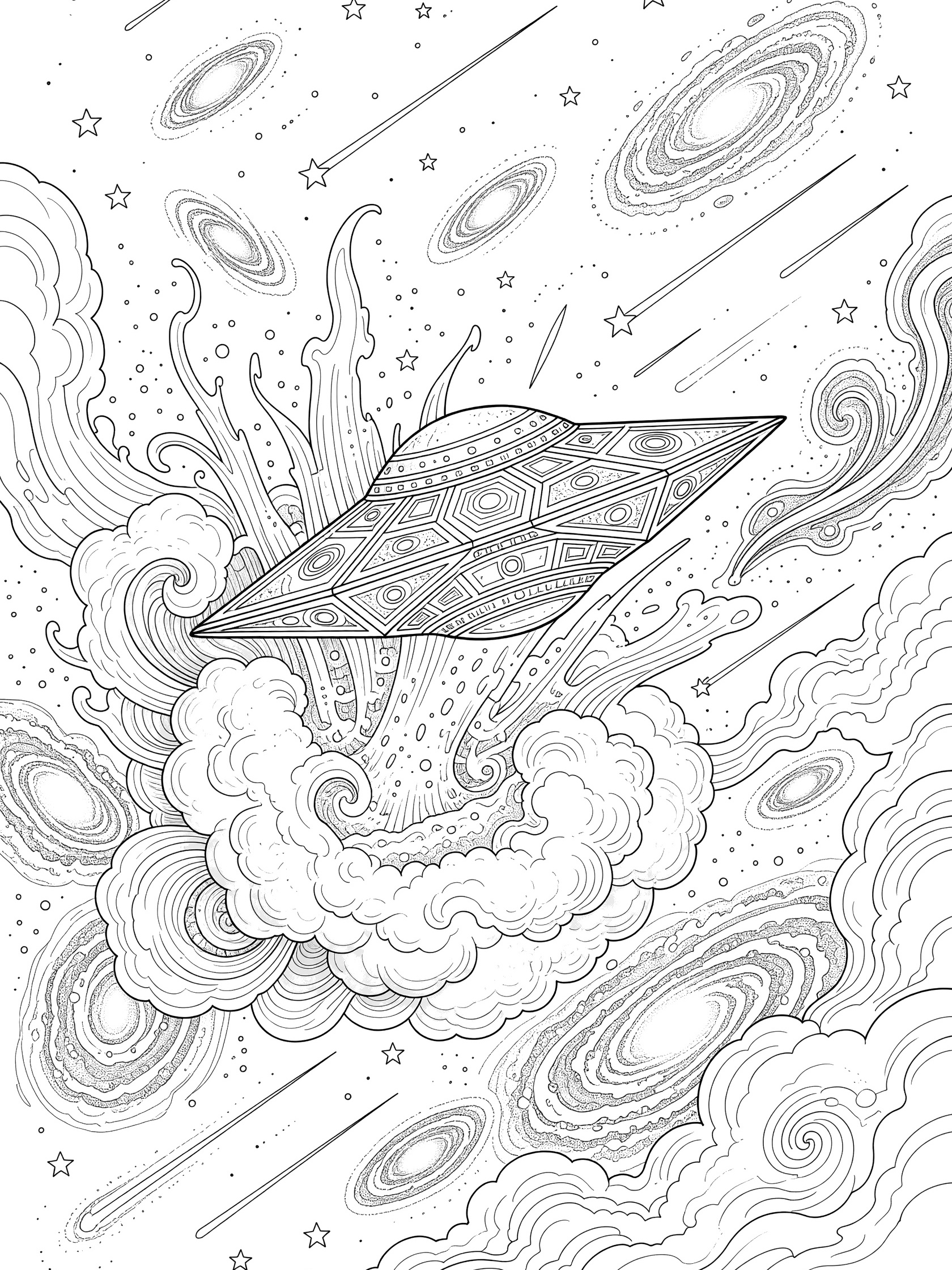 Detailed line art coloring page showing a patterned UFO breaking through cloudy cosmic swirls, surrounded by distant galaxies and shooting stars in deep space.