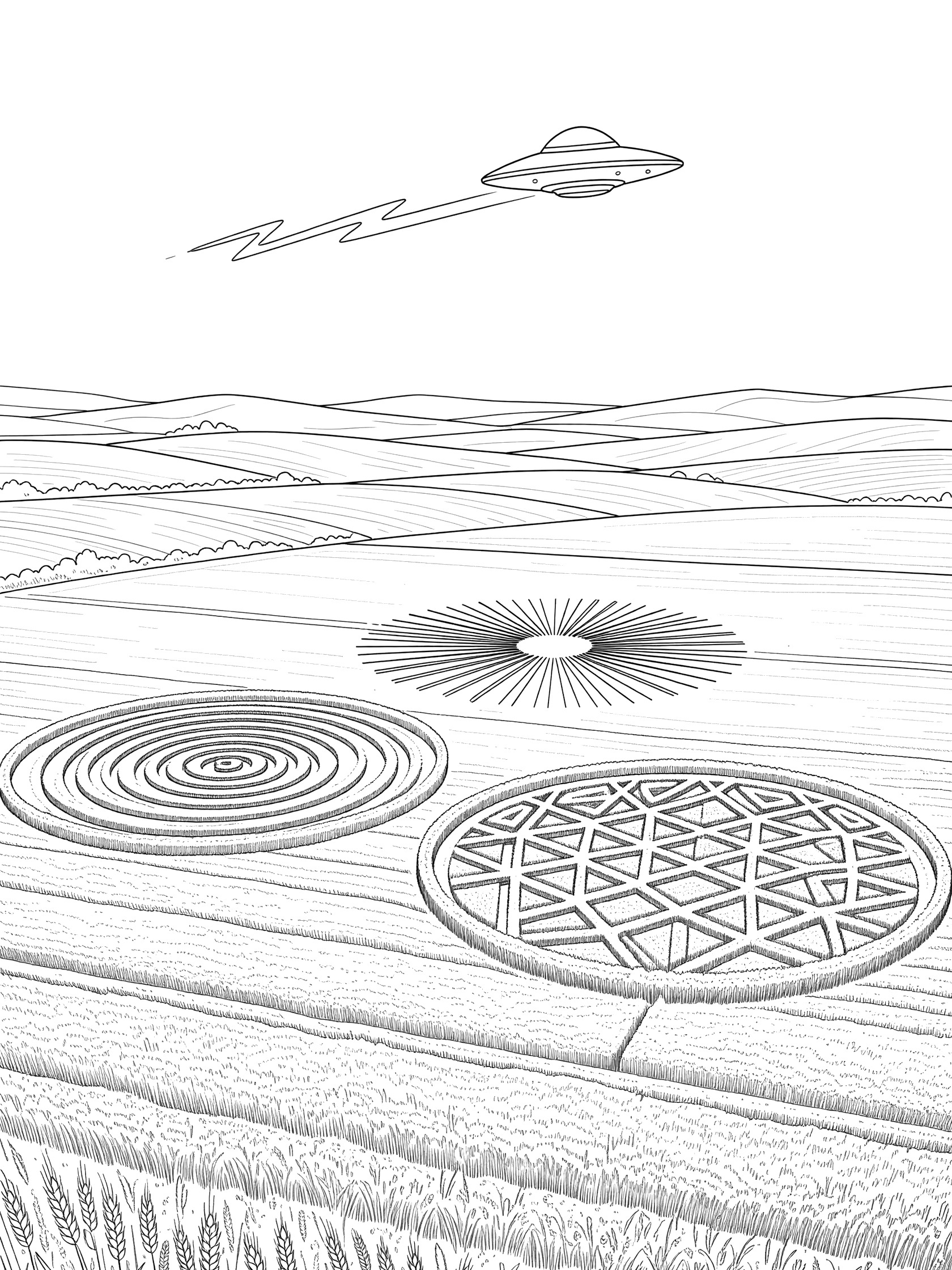 Black and white coloring page of a UFO zipping over three crop circles: spiral, radiating lines, and hexagonal patterns in a field with distant hills.