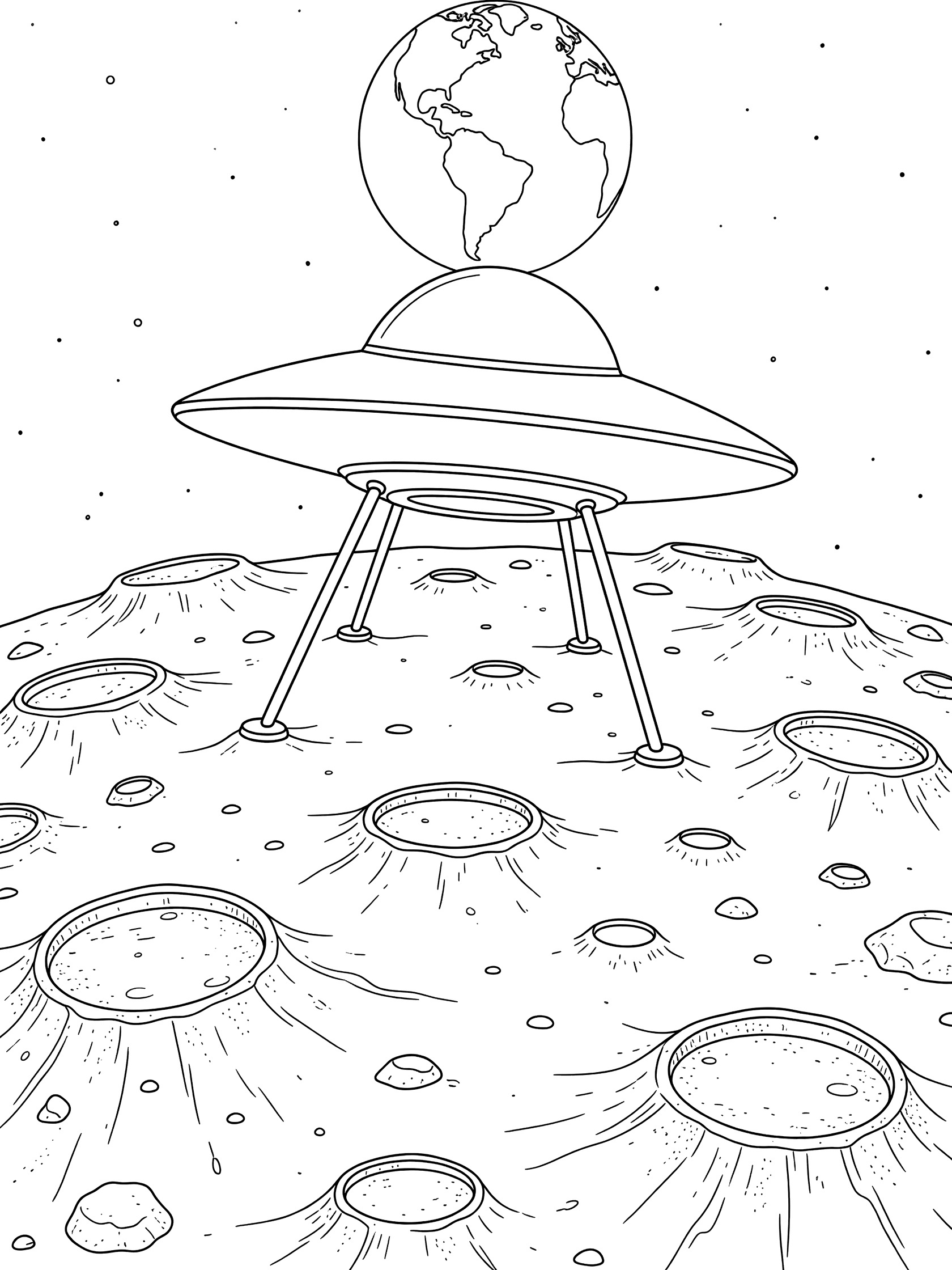 Black-and-white line art of a disc-shaped UFO with landing legs on cratered moon surface, Earth visible in starry sky, and scattered lunar rocks.