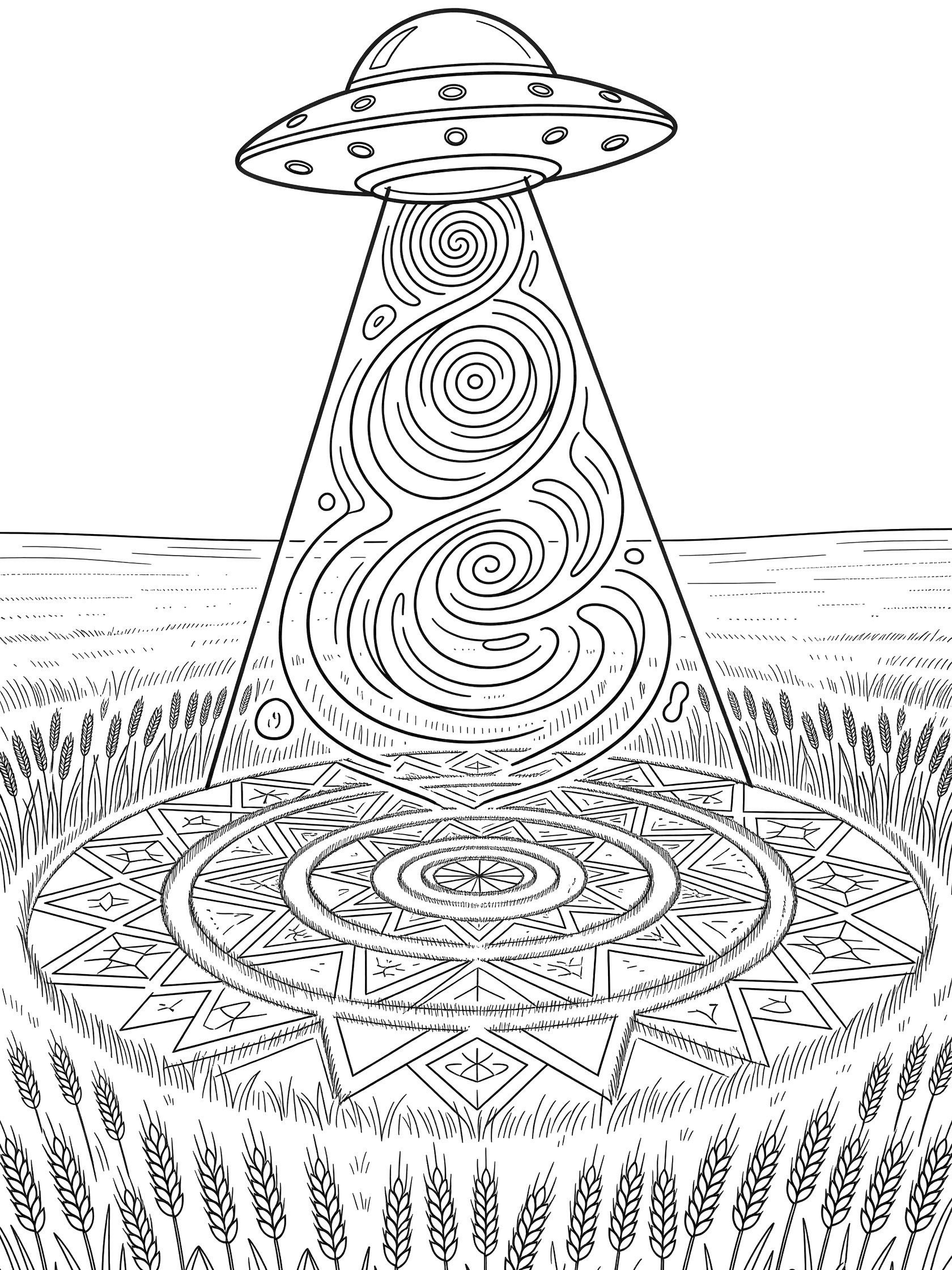 Line art coloring page showing a UFO shining a swirling beam to form a geometric crop circle in flattened wheat stalks