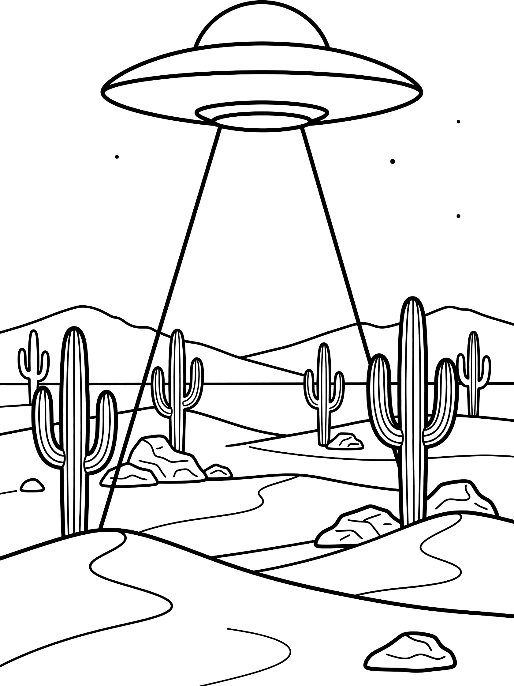 Black-and-white line art of a UFO shining a beam on desert dunes with cacti, rocks, distant mountains, and stars at night.