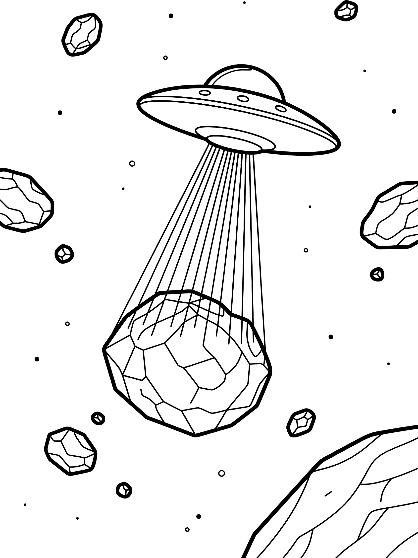 Black and white line art coloring page showing a UFO with tractor beam capturing a large jagged asteroid surrounded by small rocks and stars in space.