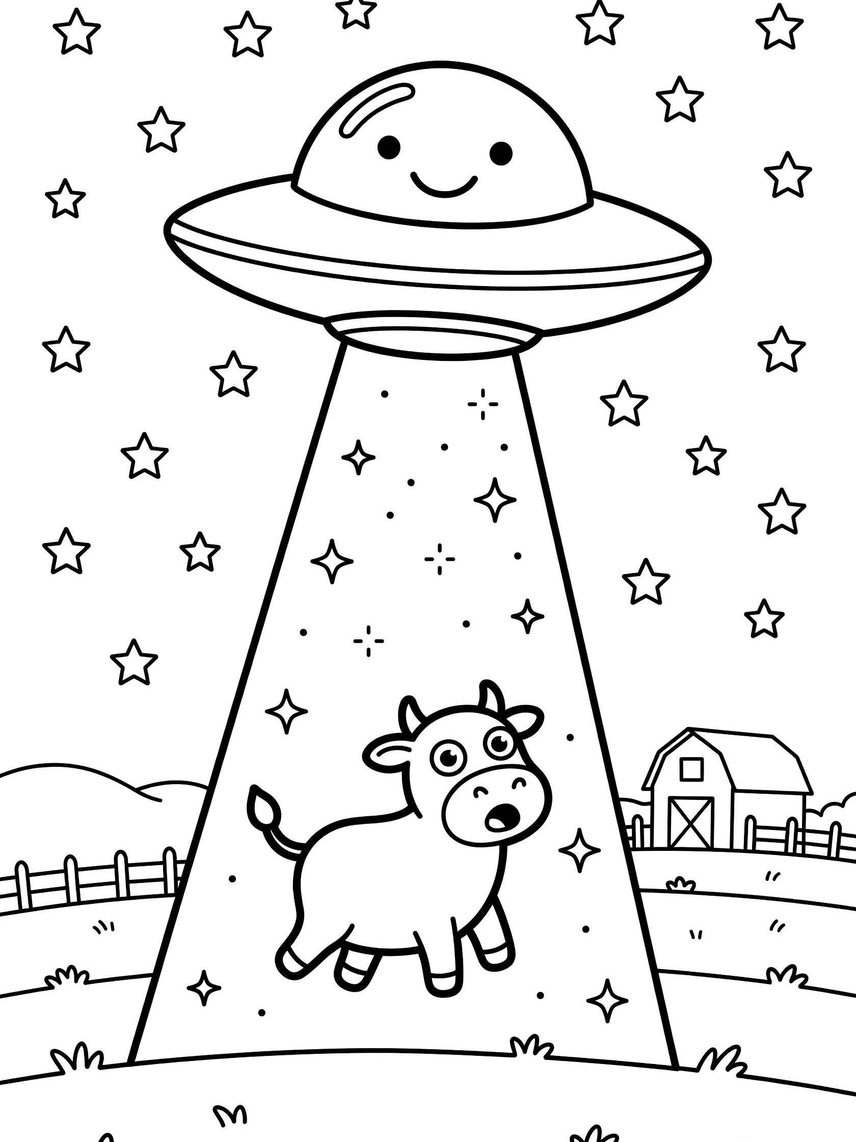 Printable coloring page showing a happy UFO hovering over a farm with tractor beam lifting a wide-eyed cow into the air amid stars and sparkles