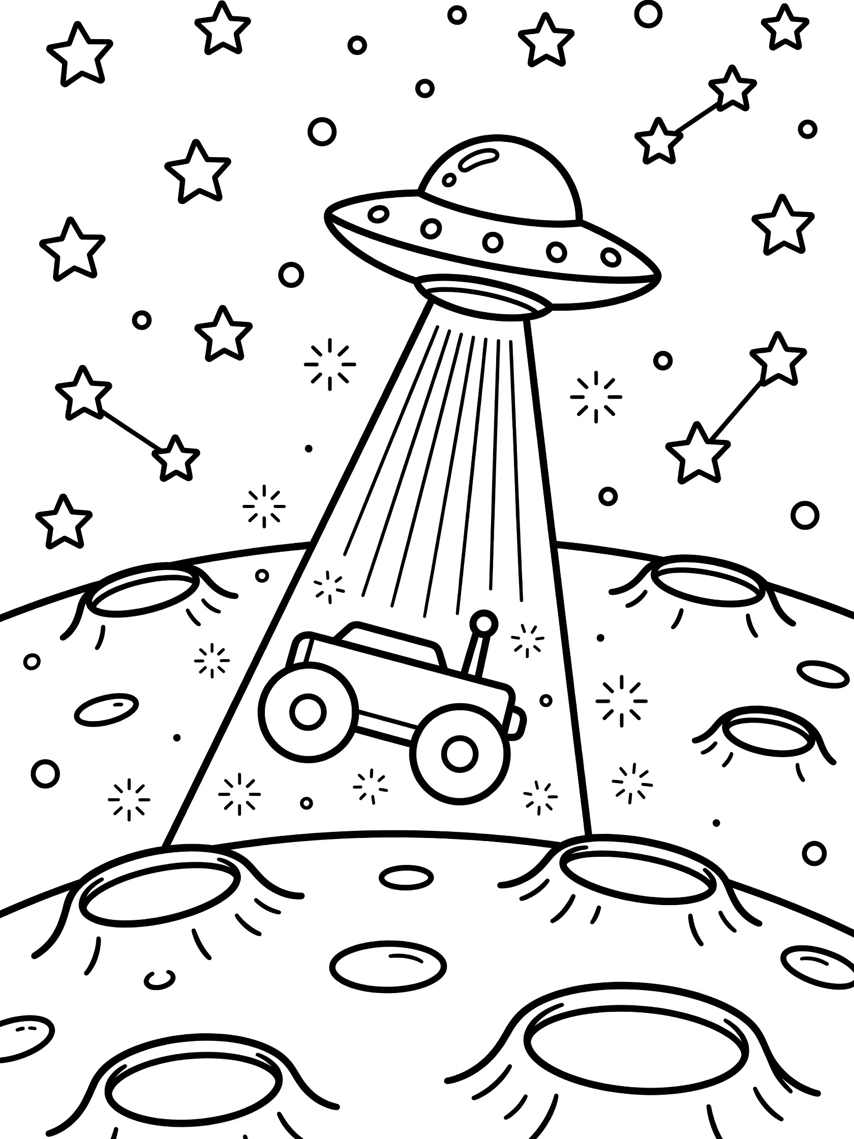 Cute UFO shining tractor beam down to lift chubby-wheeled moon rover upwards on cratered moon landscape with stars and sparkles, clean line art coloring page