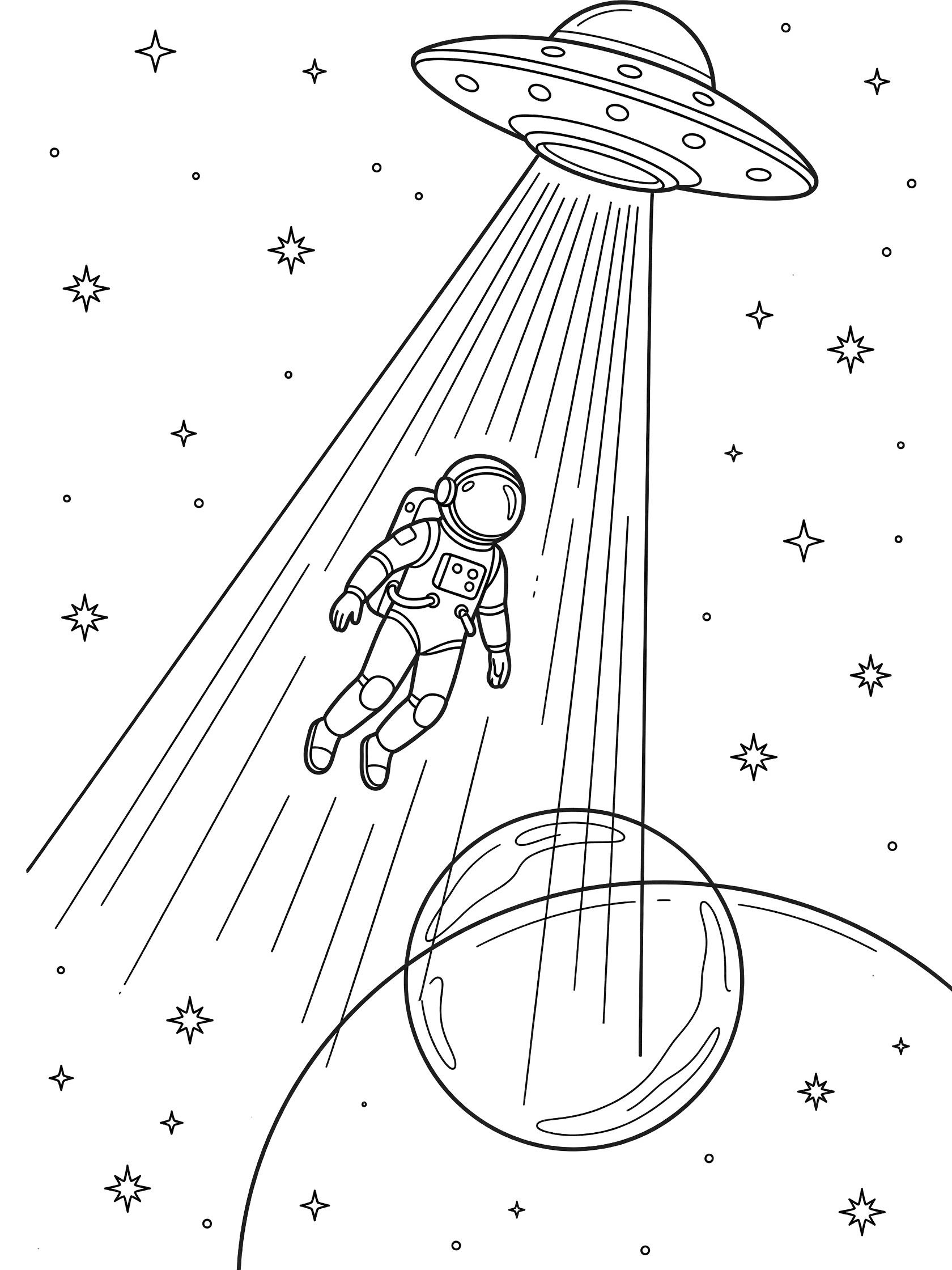 Line art coloring page showing a UFO tractor beam pulling a lone astronaut in a spacesuit back to safety amid stars and a distant planet