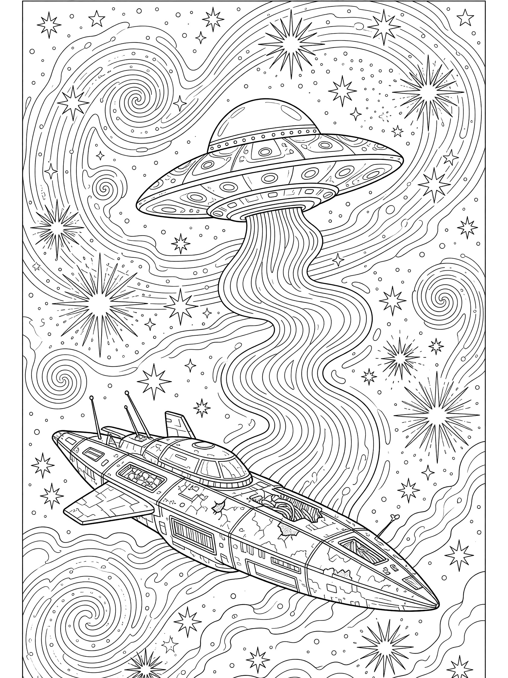 Black and white coloring page showing a UFO with tractor beam towing a broken spaceship amid swirling nebula and stars.