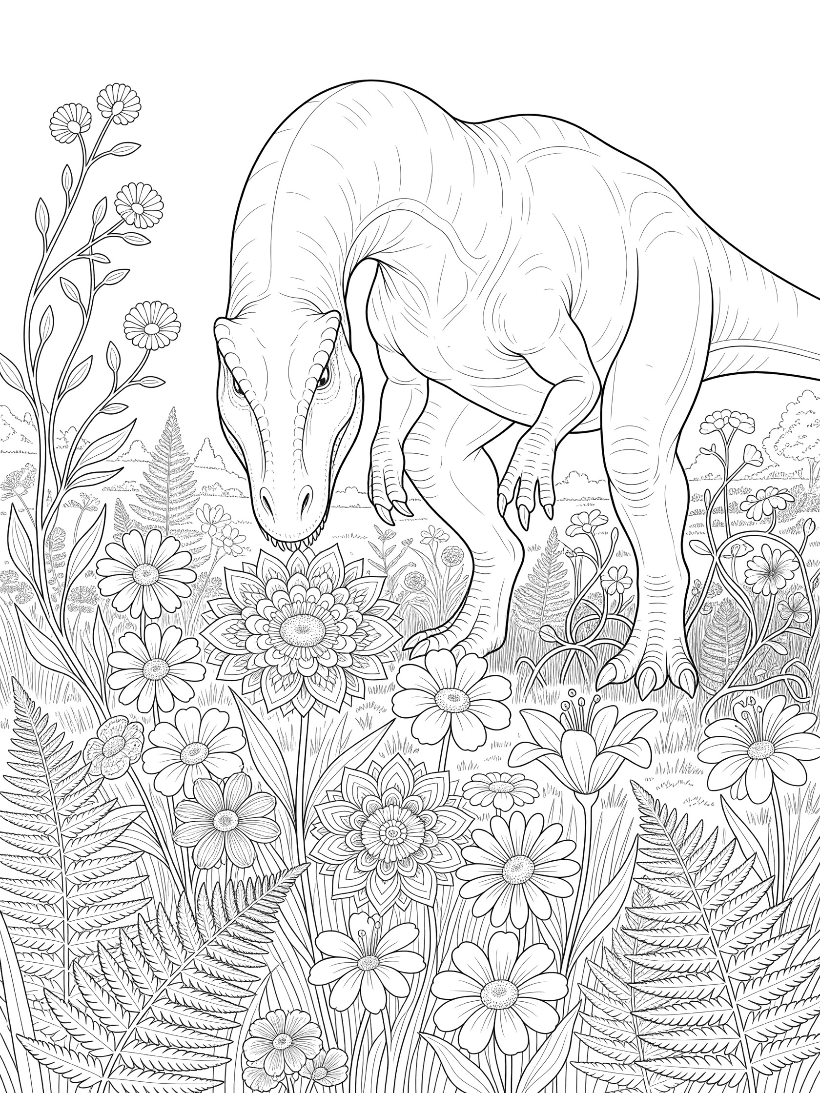 Black and white line art of Ultimasaurus dinosaur with long neck curiously touching a large flower surrounded by daisies, ferns, and vines in a meadow
