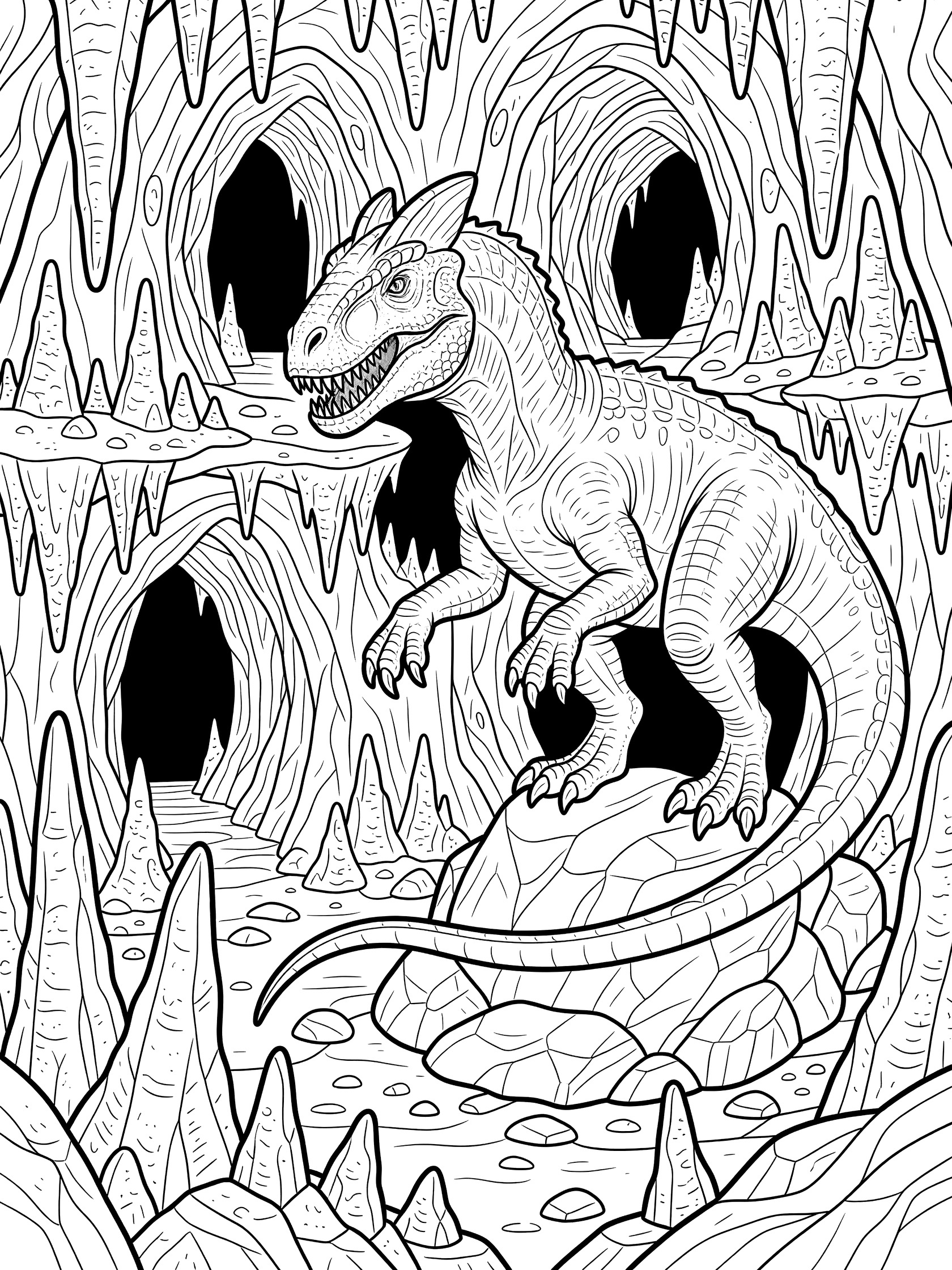 Black and white line art of Ultimasaurus dinosaur peering into cave passages with clawed feet on stalagmites, tail around boulders, and detailed rocky cave features.