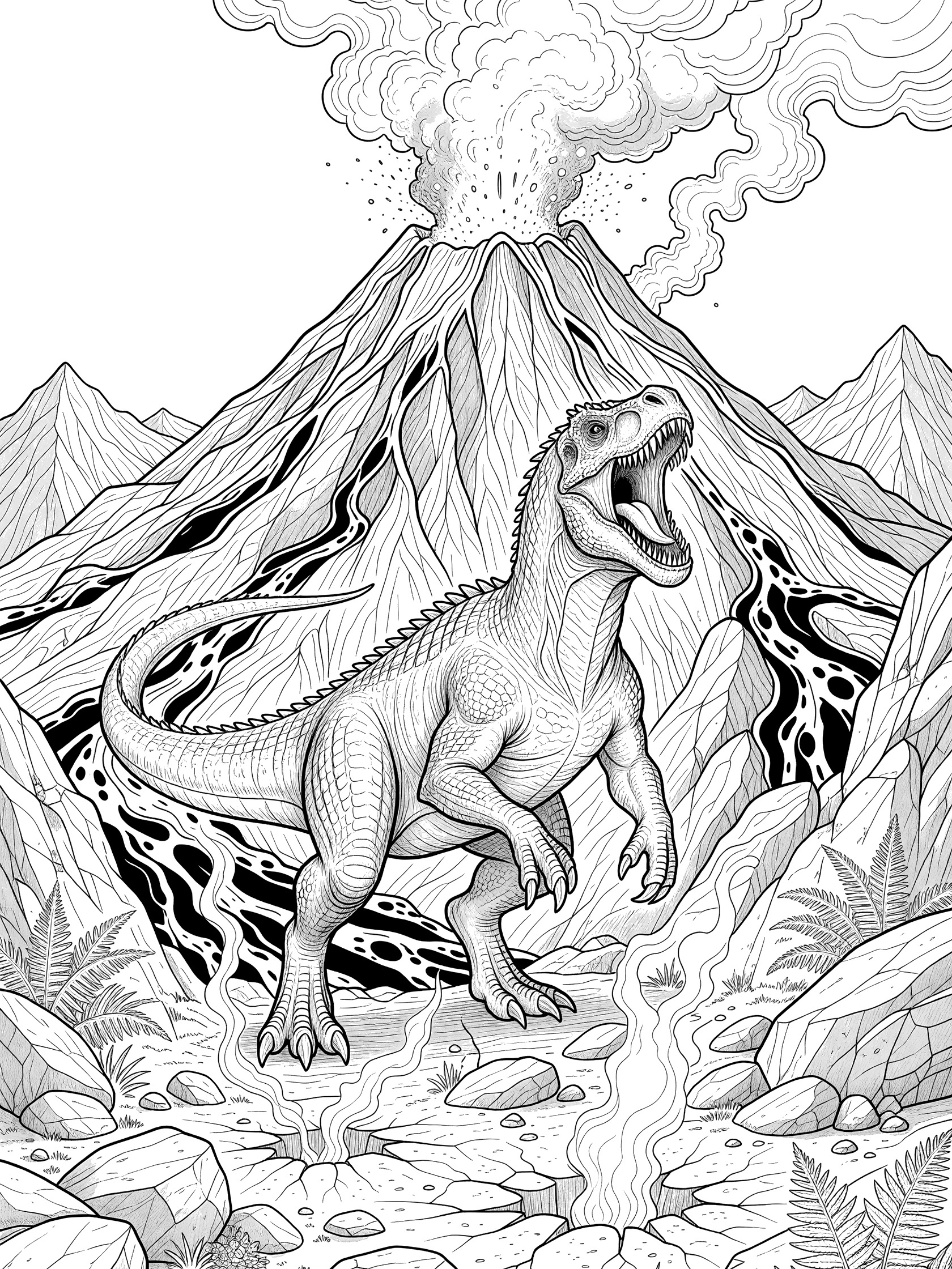 Black and white line art coloring page showing a massive Ultimasaurus dinosaur standing on hind legs roaring with open jaws near a erupting volcano, lava rivers, boulders, and prehistoric ferns.