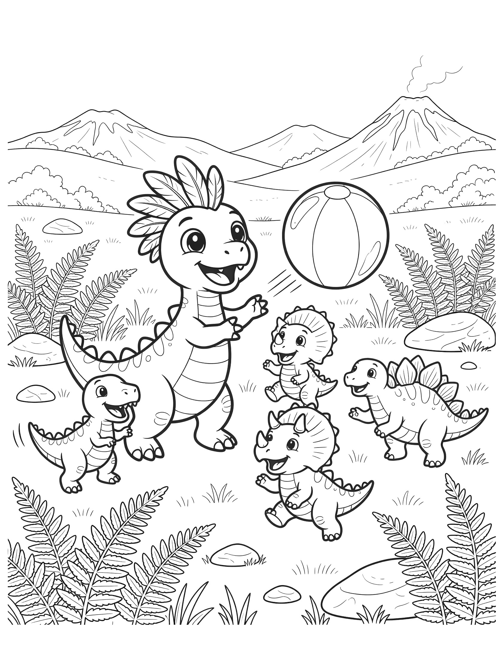 Cute cartoon Ultimasaurus with big eyes and smile tossing a large ball to playful baby T-Rex, Triceratops, and Stegosaurus in a line art coloring page with ferns, boulders, and volcano background.