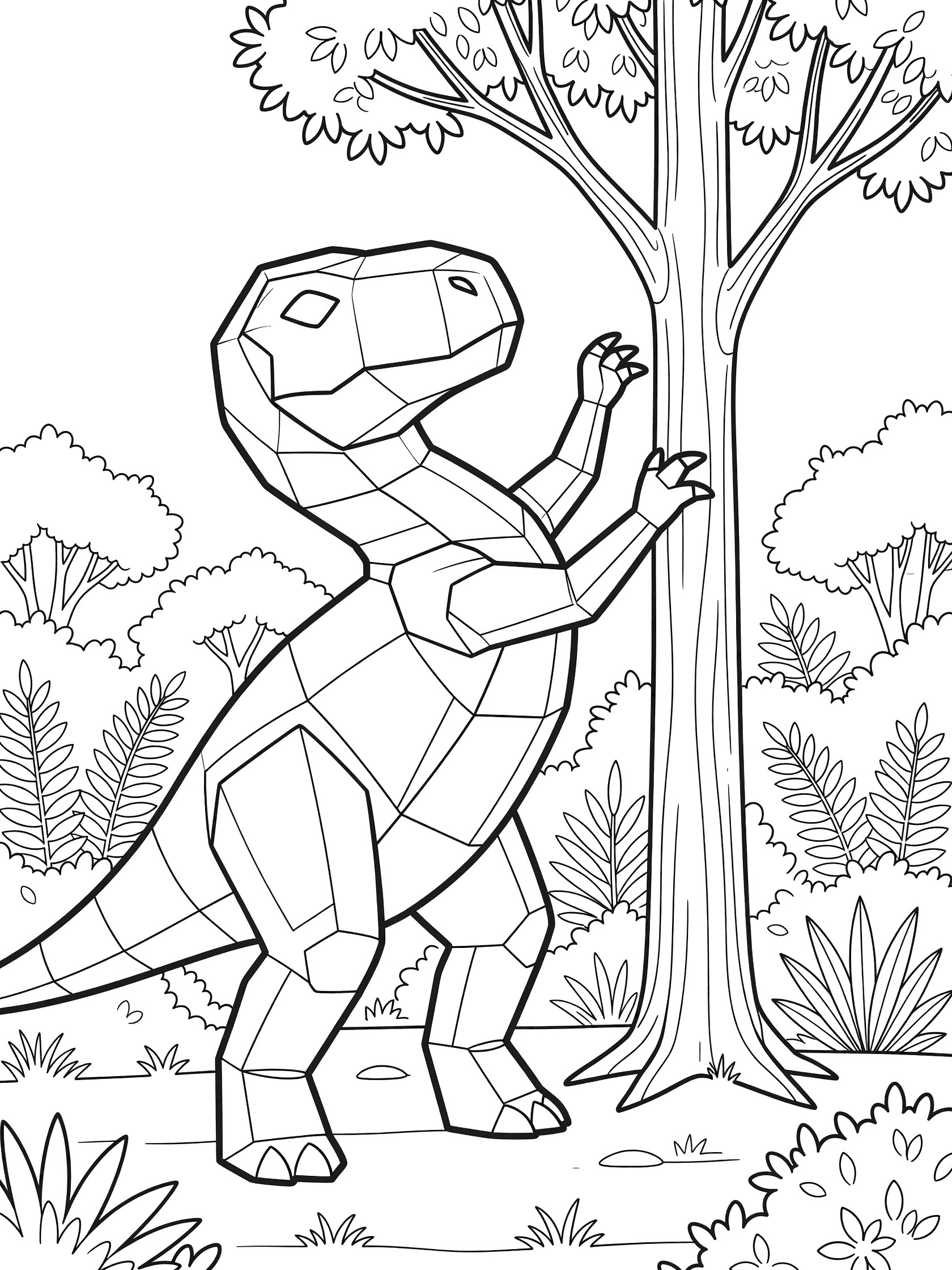 Black and white line art coloring page showing Ultimasaurus dinosaur on hind legs reaching short arms toward top of tall straight tree surrounded by ferns and forest plants