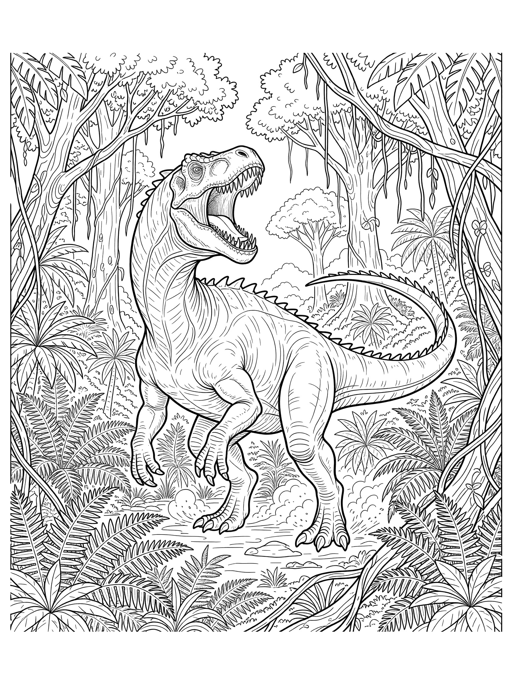 Black and white coloring page of Ultimasaurus dinosaur roaring fiercely in jungle with wide open mouth, sharp teeth, arched neck, stomping legs, spiked tail, ferns, vines and trees.