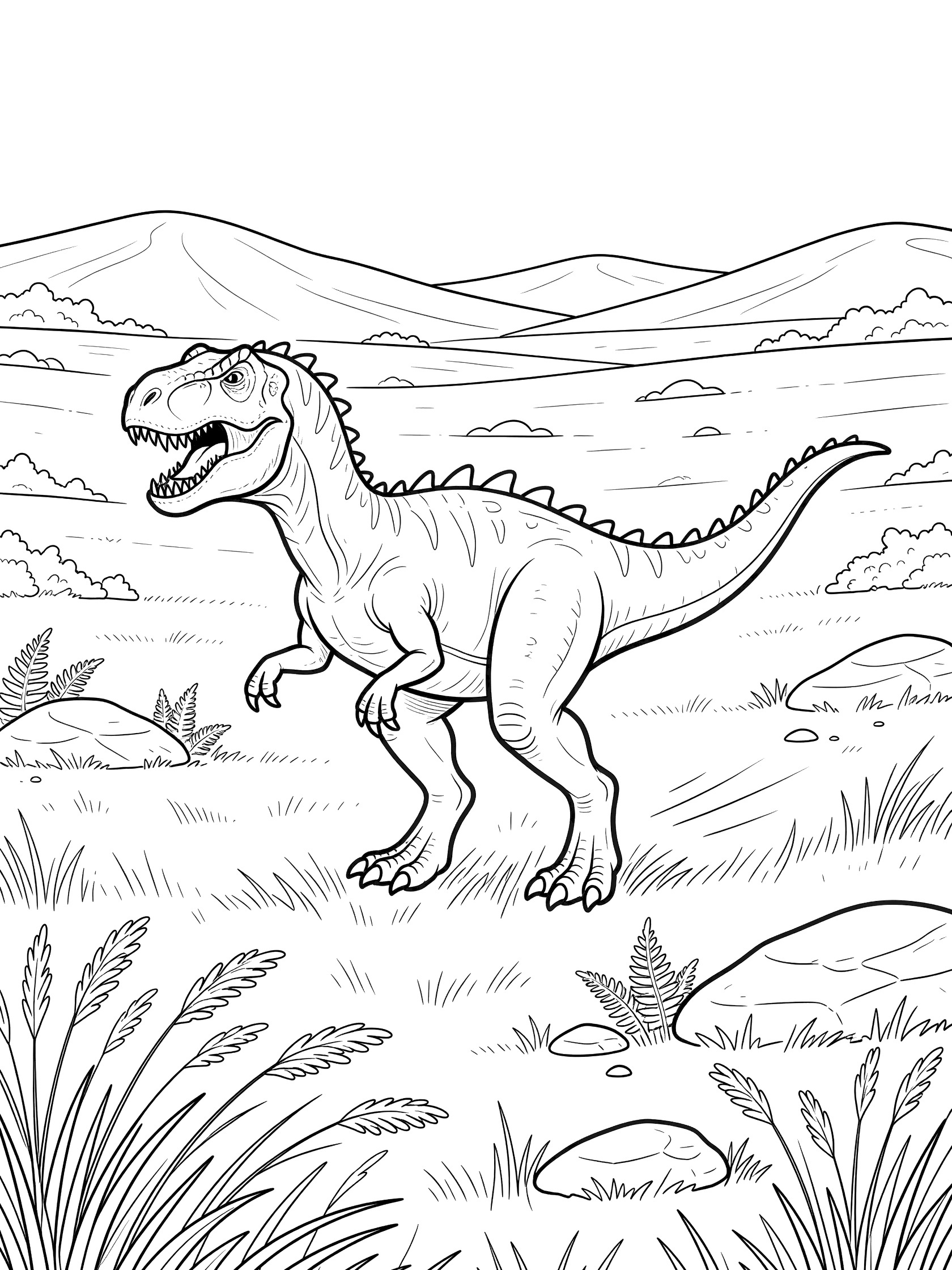 Line art coloring page showing Ultimasaurus with T-rex head, long neck, strong legs, arms, and spiky tail running through windy plains with grasses, rocks, ferns, and distant hills.