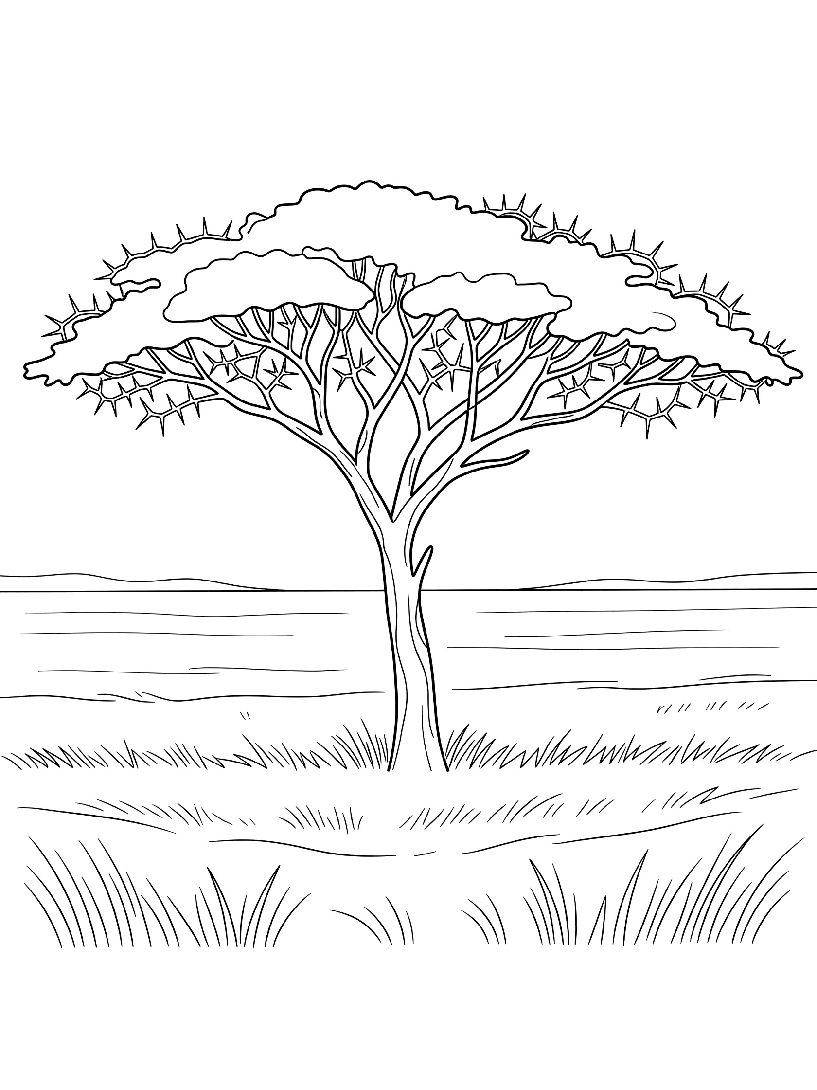 Black and white line art coloring page of a single umbrella acacia tree with flat top canopy and thorny branches standing in open savanna grass. Umbrella Thorn Acacia Tree themed black and white printable line art