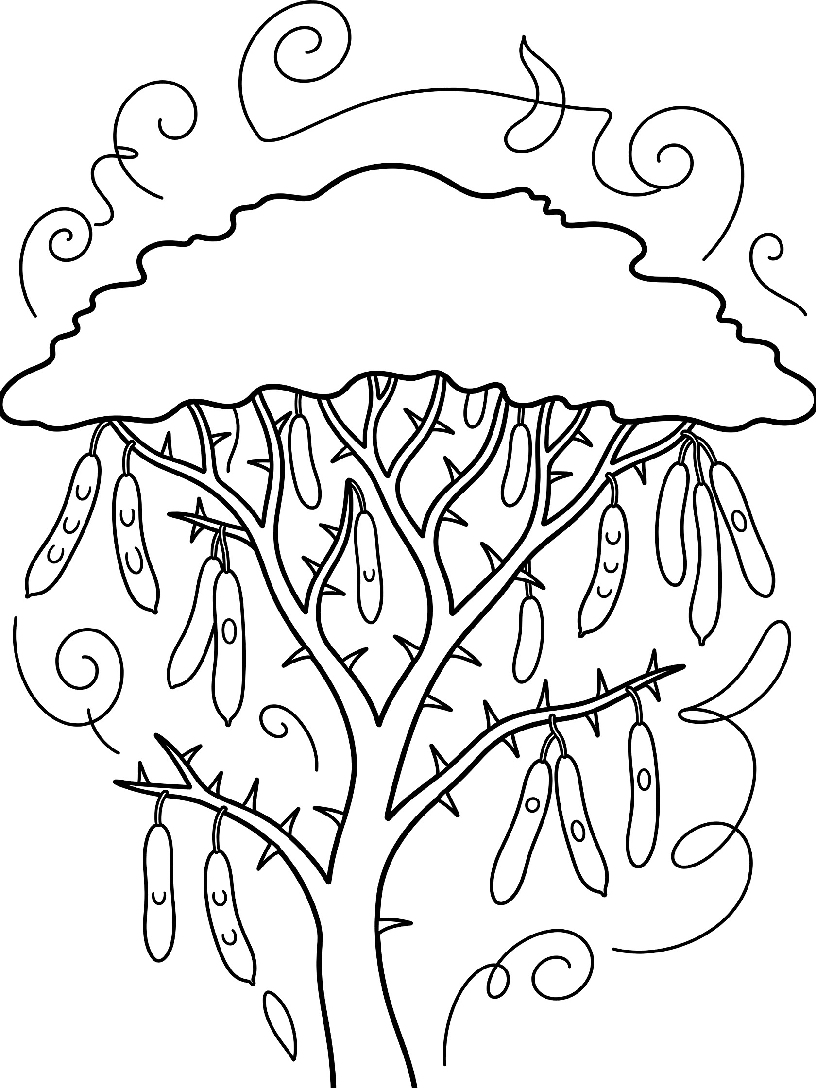 Black and white line art coloring page showing an umbrella-shaped acacia tree with wide canopy, thorny branches, hanging seed pods, and swirling leaf doodles. Umbrella Thorn Acacia Tree themed black and white printable line art