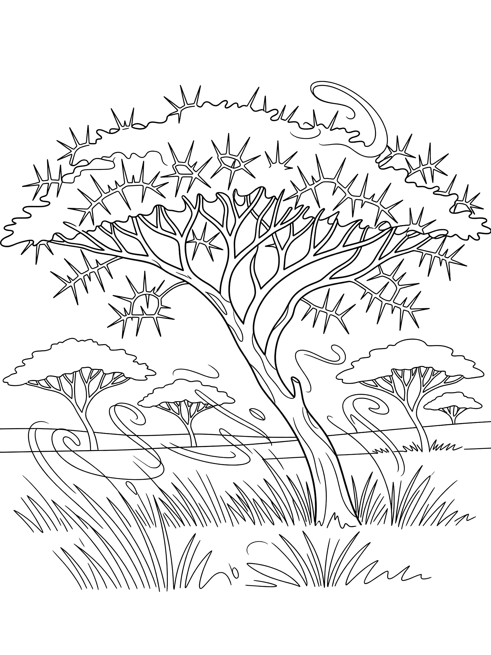 Black and white line art coloring page of a large umbrella-shaped acacia tree with thorns and flat canopy bending in wind, surrounded by swirling grass and small distant trees in savanna.