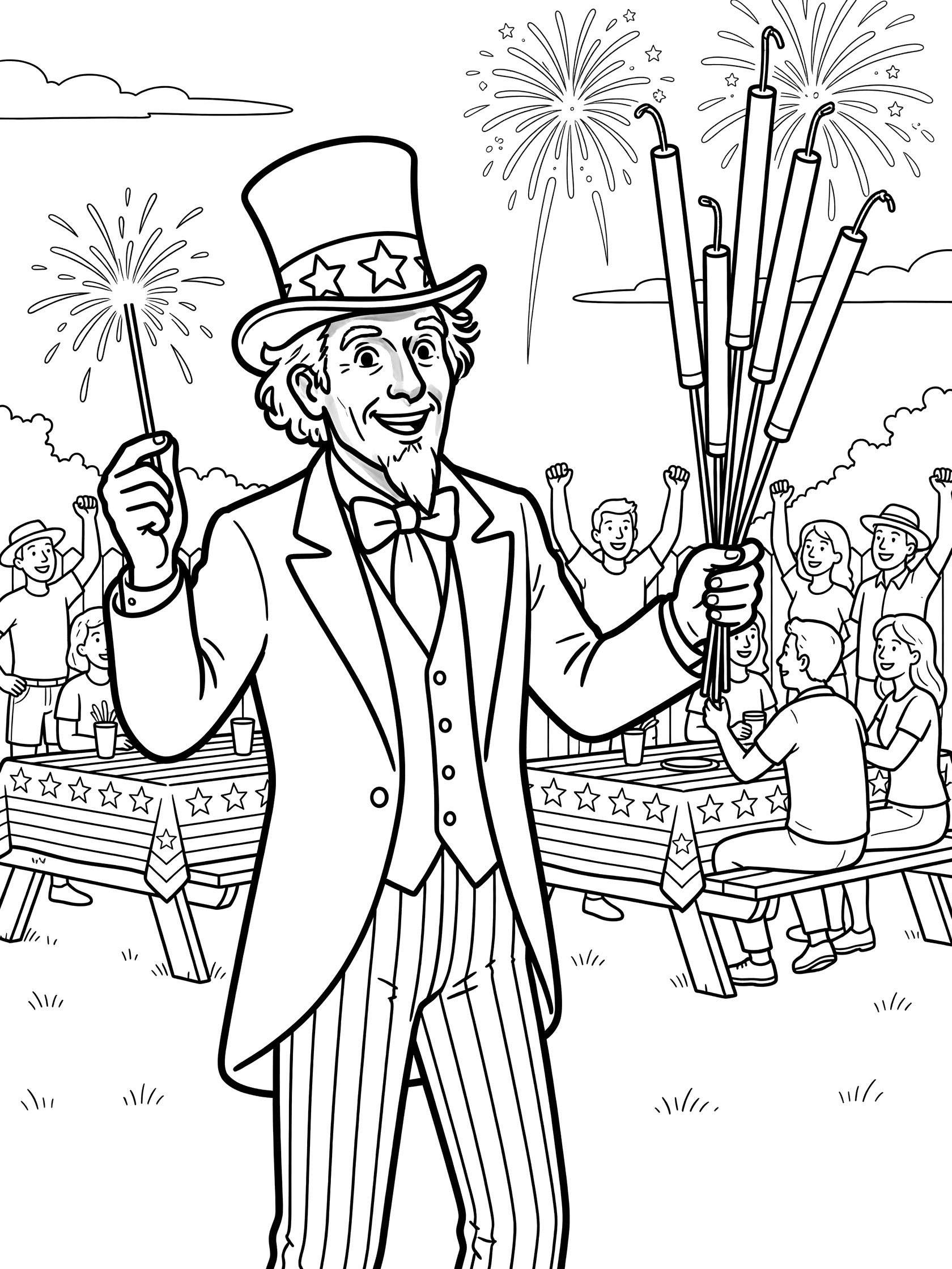 Uncle Sam in top hat smiling as he lights a sparkler and bundle of fireworks surrounded by family at picnic tables during 4th of July backyard gathering coloring page