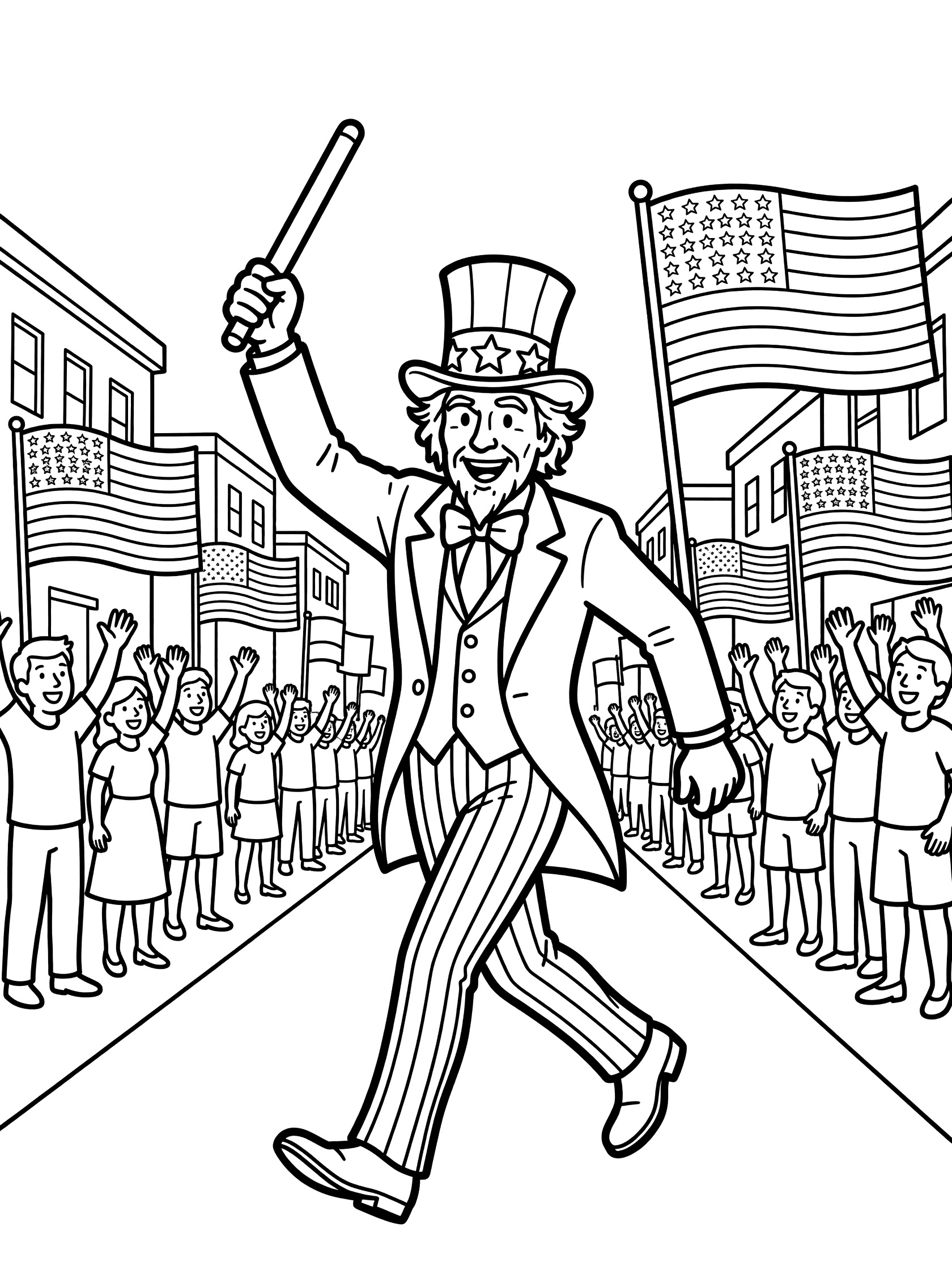 Black-and-white line art of Uncle Sam marching energetically in a 4th of July parade, holding a baton, wearing top hat and striped pants, with flags and cheering onlookers.