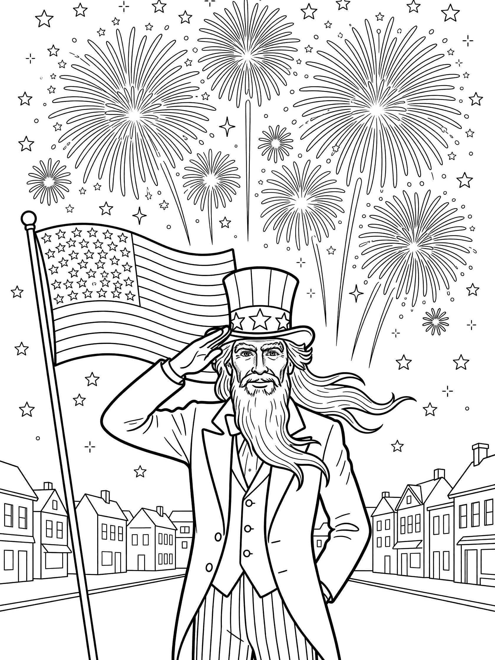 Black and white line art of Uncle Sam in top hat and suit saluting fireworks exploding over rooftops and American flag waving on Independence Day.