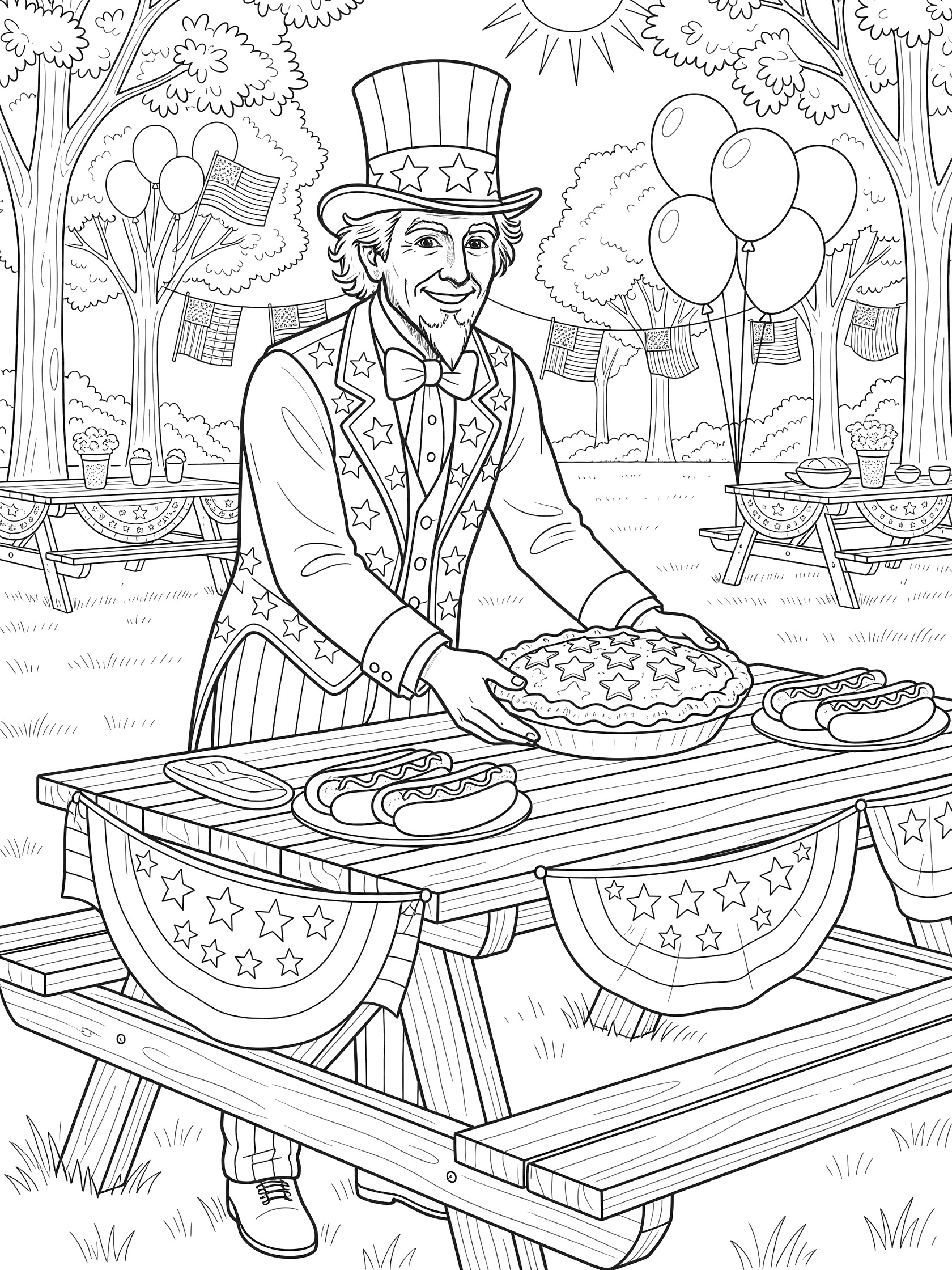 Black and white line art of Uncle Sam in top hat and stars-and-stripes outfit placing apple pie and hot dogs on a picnic table with bunting, balloons, and flags for 4th of July.