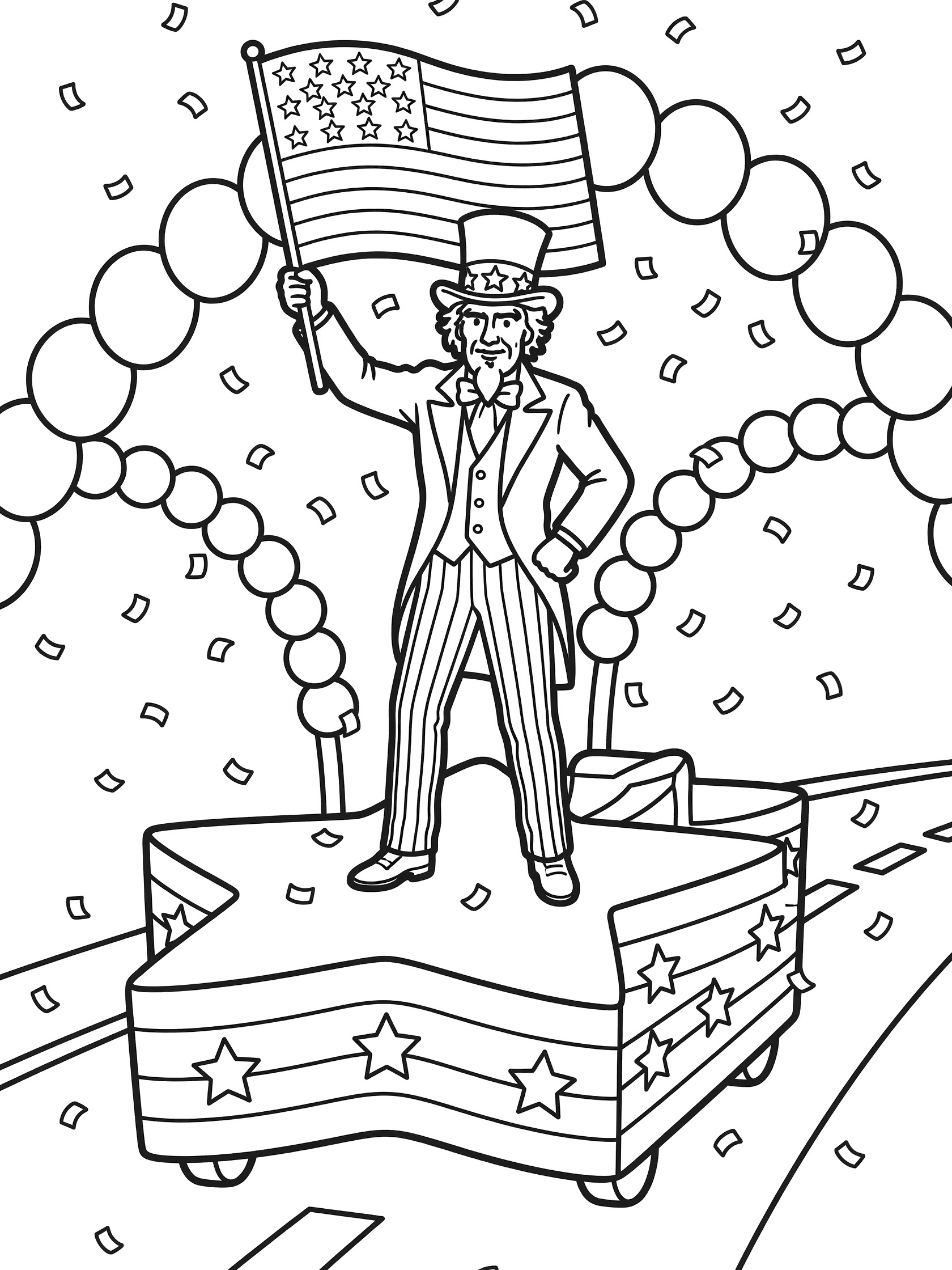 Black and white line art of Uncle Sam in top hat and suit, waving American flag on a star parade float with balloons and confetti for 4th of July coloring