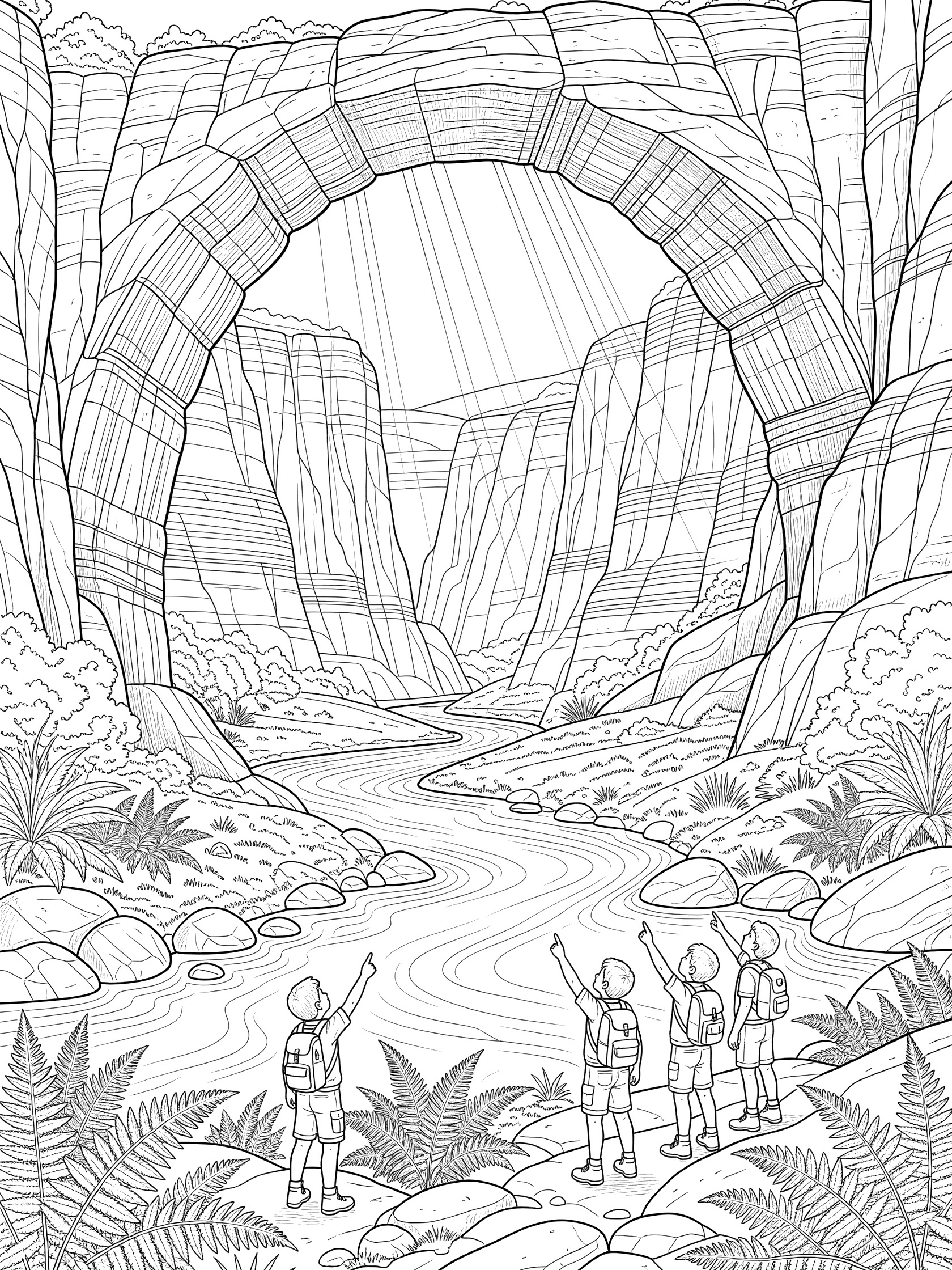 Black and white line art coloring page of a Natural Bridge arching over a canyon river with young explorers pointing up in wonder, detailed canyon walls and plants.