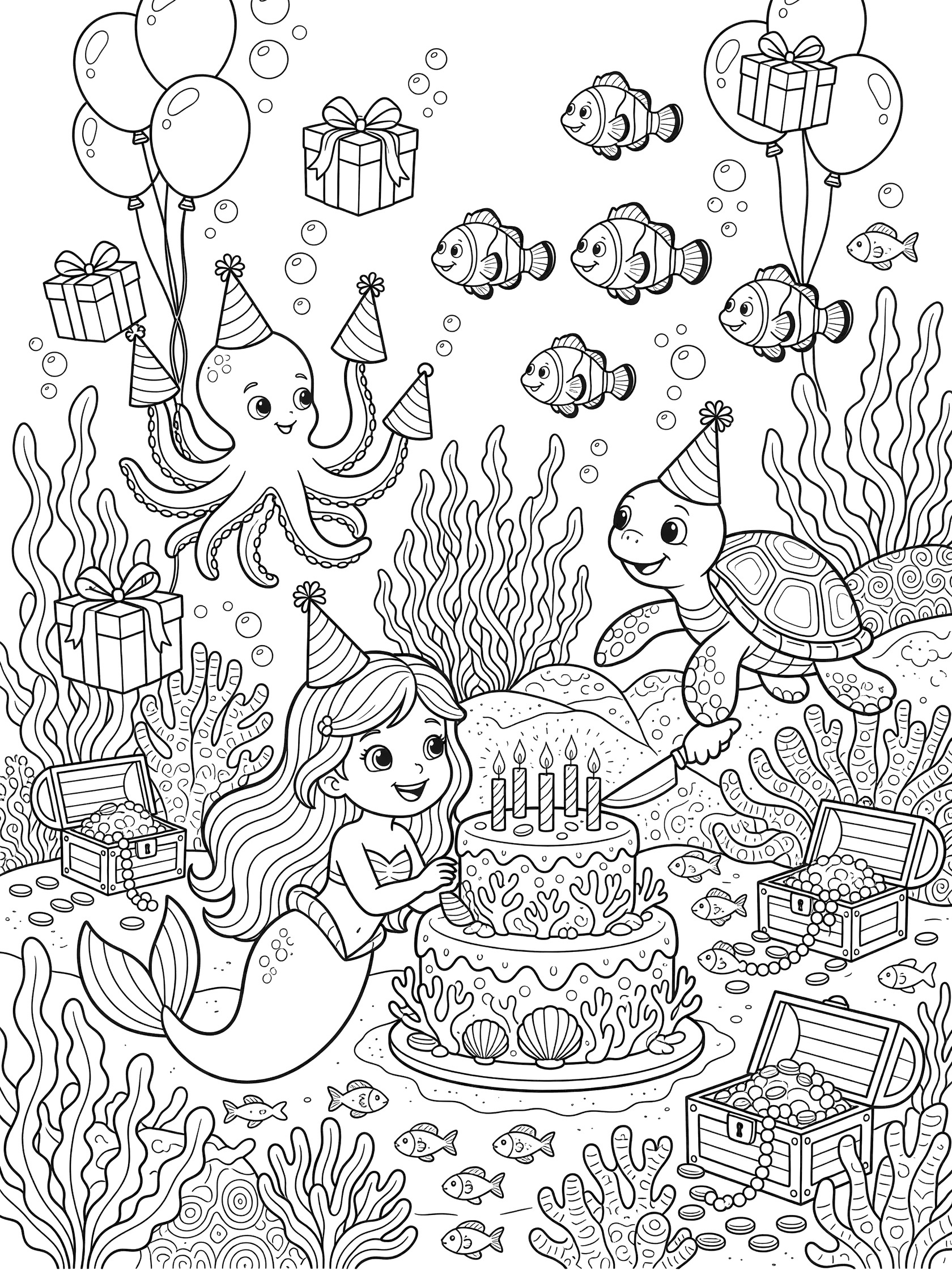 Cute cartoon line art coloring page showing a joyful mermaid child in party hat blowing out five bubble candles on a coral cake at an underwater 5th birthday party with sea creatures and kelp.
