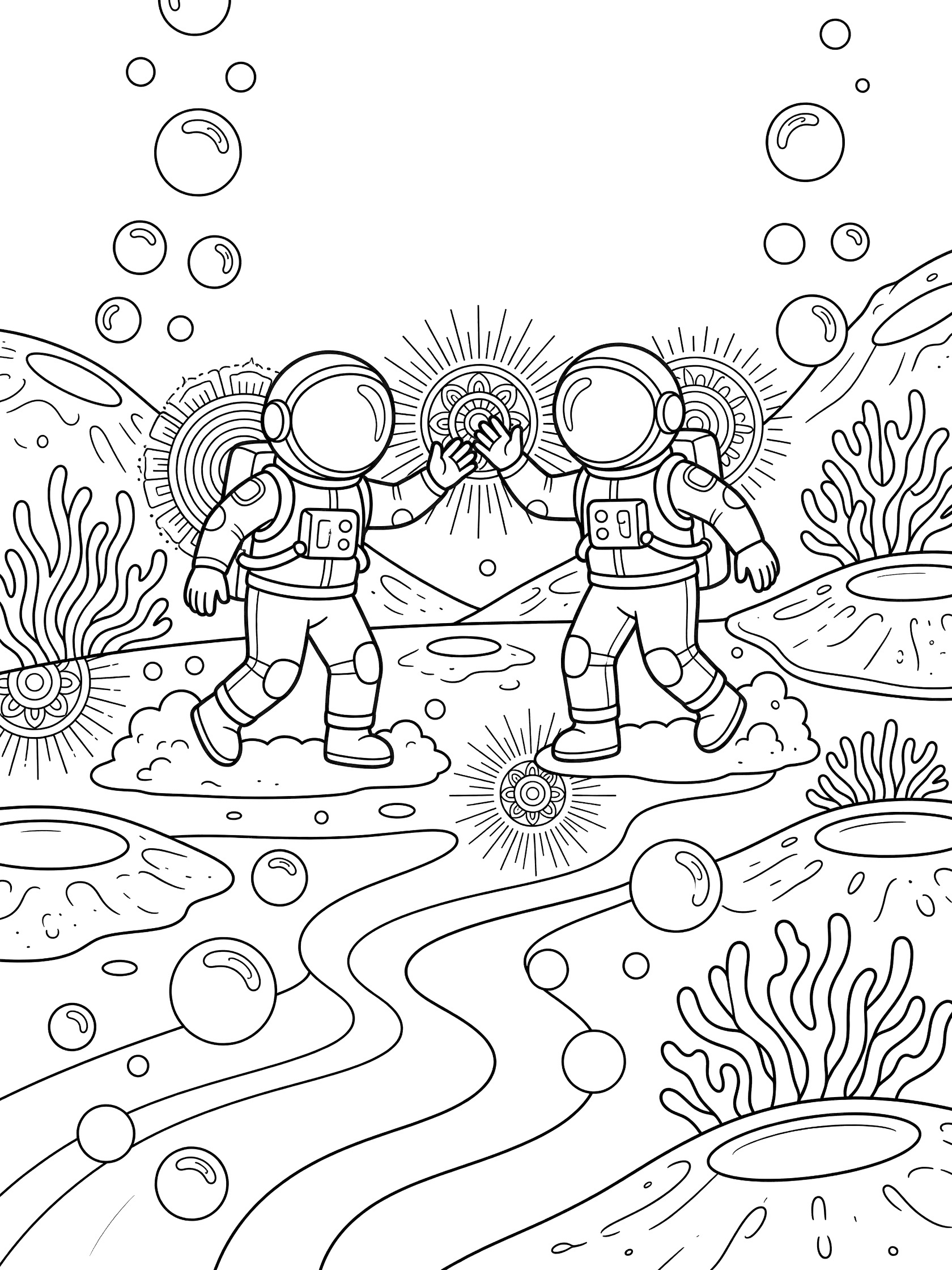 Black and white coloring page showing two astronauts in spacesuits high-fiving with moon walk steps on the ocean floor, surrounded by bubbles, seaweed, coral, and sunburst patterns.