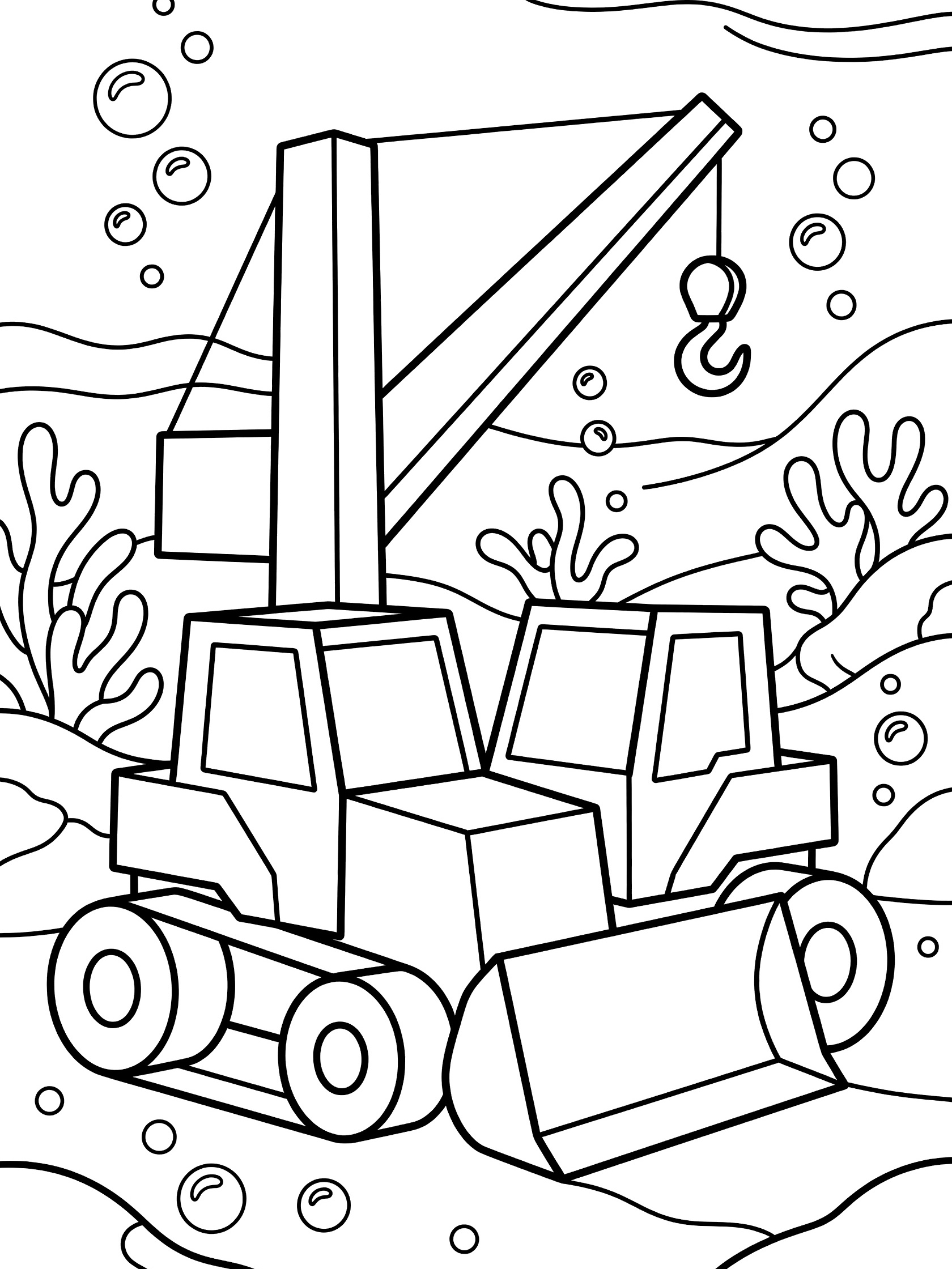 Black and white coloring page of a bulldozer and crane construction zone 1771269351 underwater with bubbles, seaweed, and simple geometric shapes for easy coloring.
