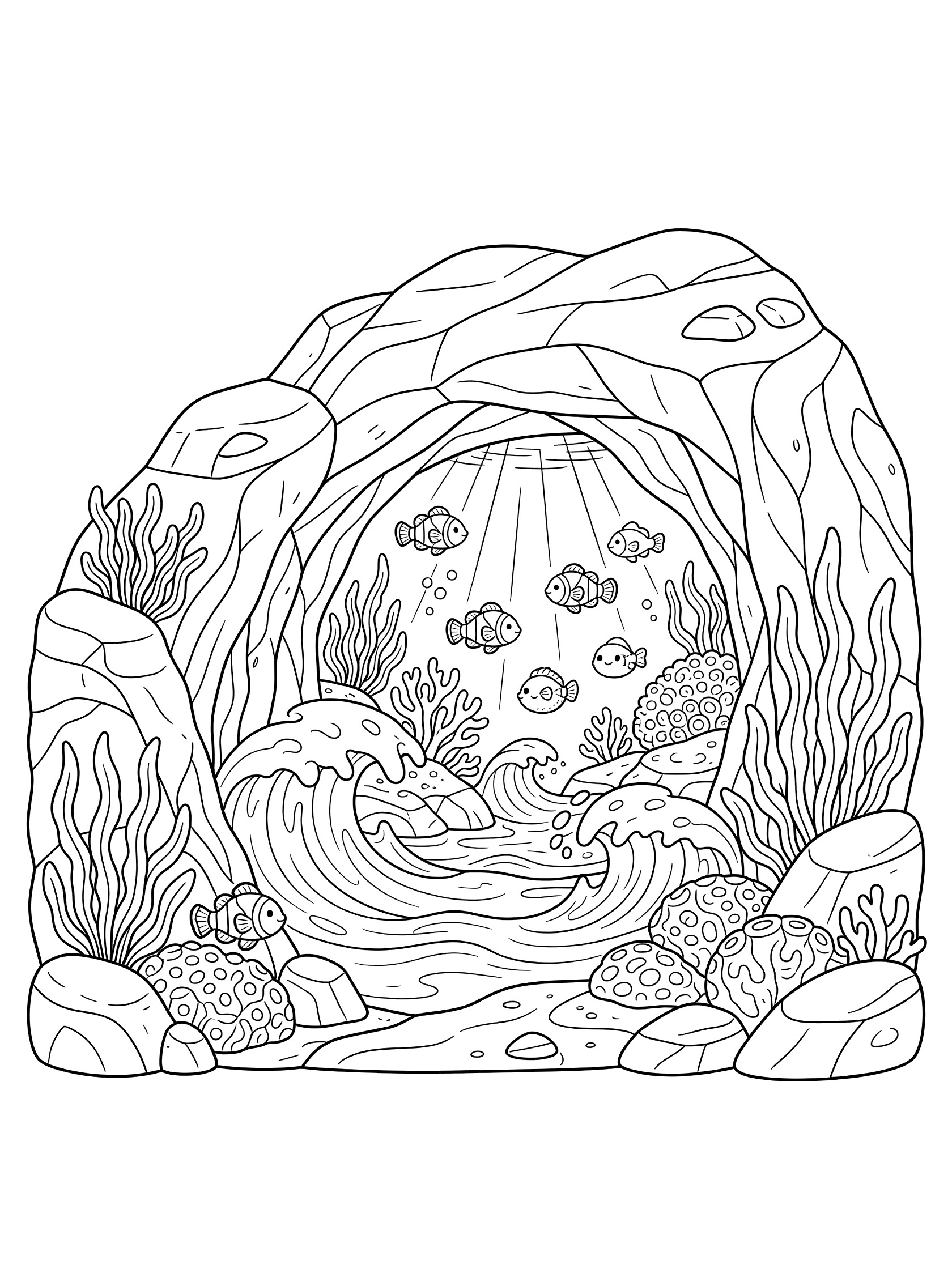 Black and white line art coloring page showing a rocky underwater cave entrance with waves, fish swimming inside, coral reefs, and kelp. Maverick's themed black and white printable line art