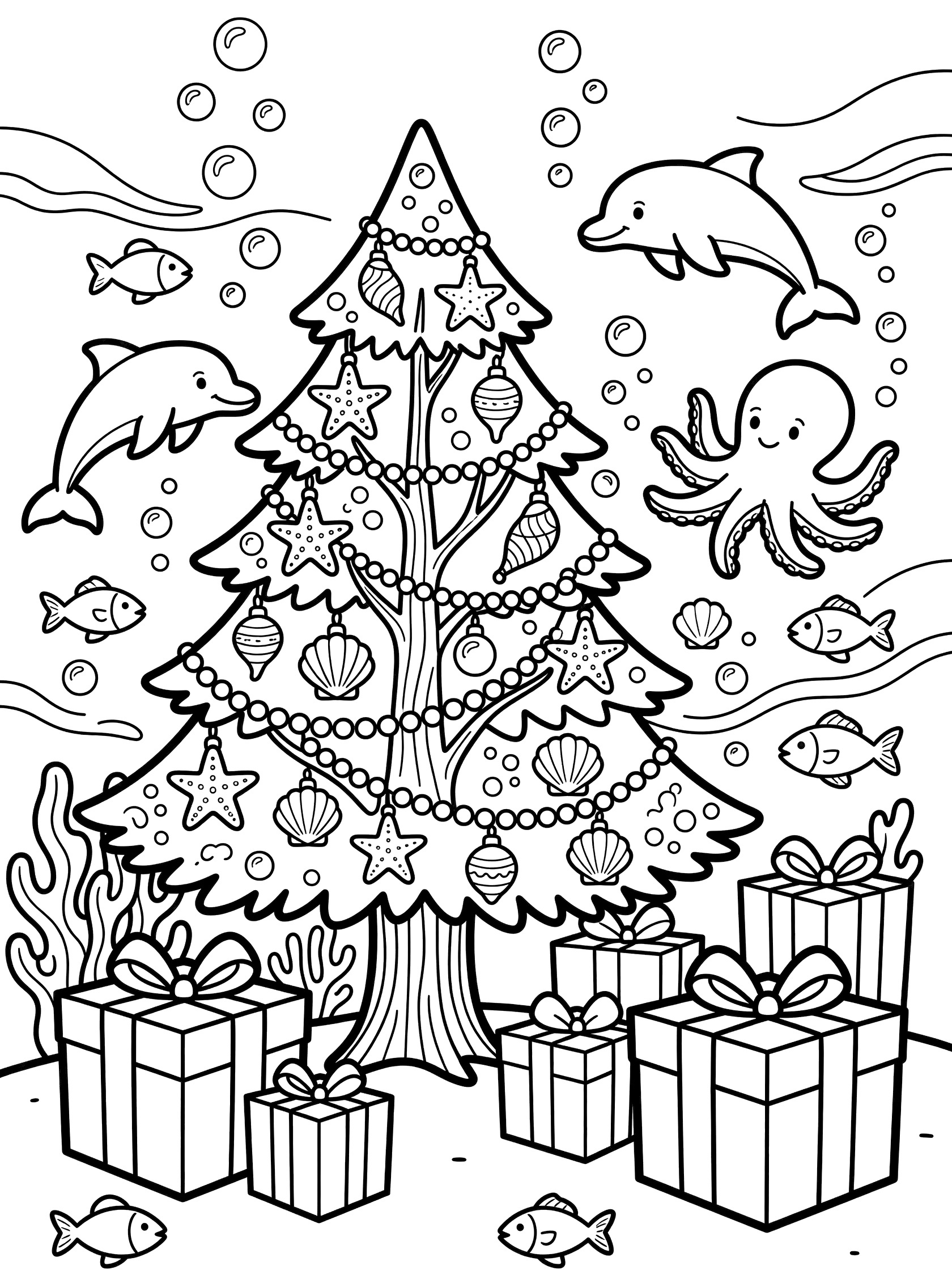 Printable coloring page showing a tall Christmas tree underwater decorated with shells and stars, surrounded by playful dolphins, a cute octopus, fish, bubbles, and stacked presents at the base.